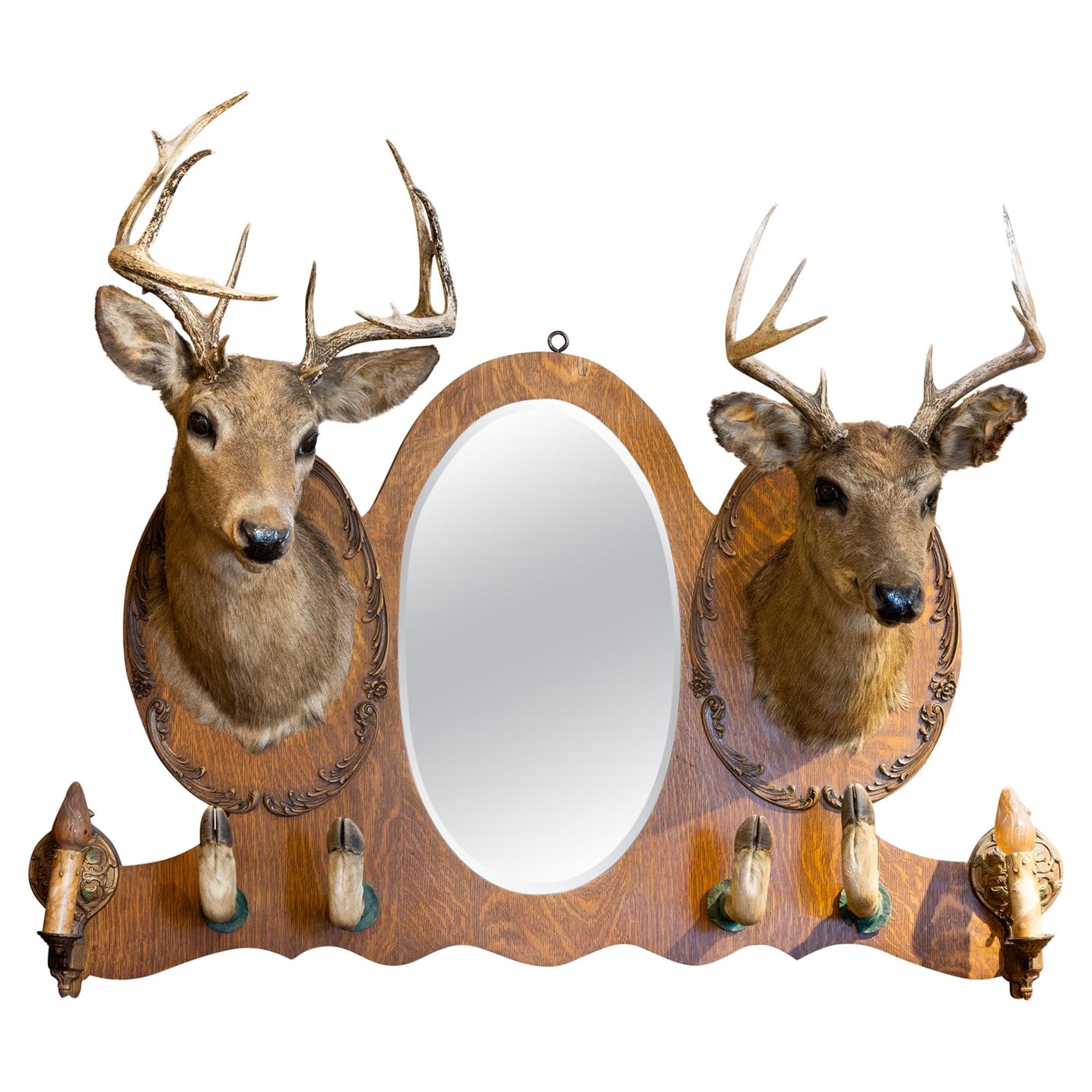 19th Century Double Deer Taxidermy Rack and Mirror