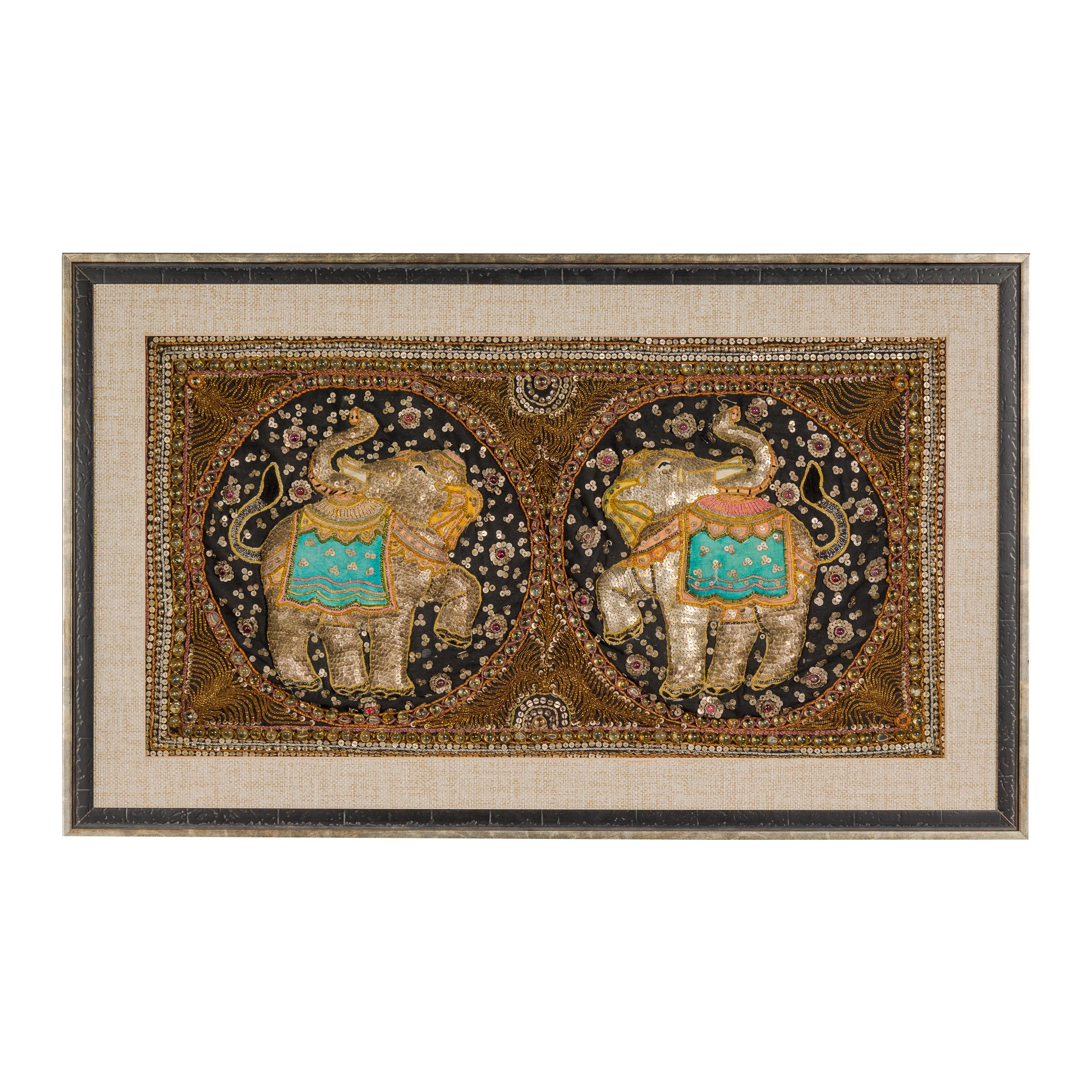 19th Century Double Elephant Kalaga Tapestry with Sequins in Custom Frame 13