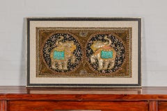 Tapisserie Kalaga à double éléphant du 19ème siècle avec sequins dans un cadre personnalisé