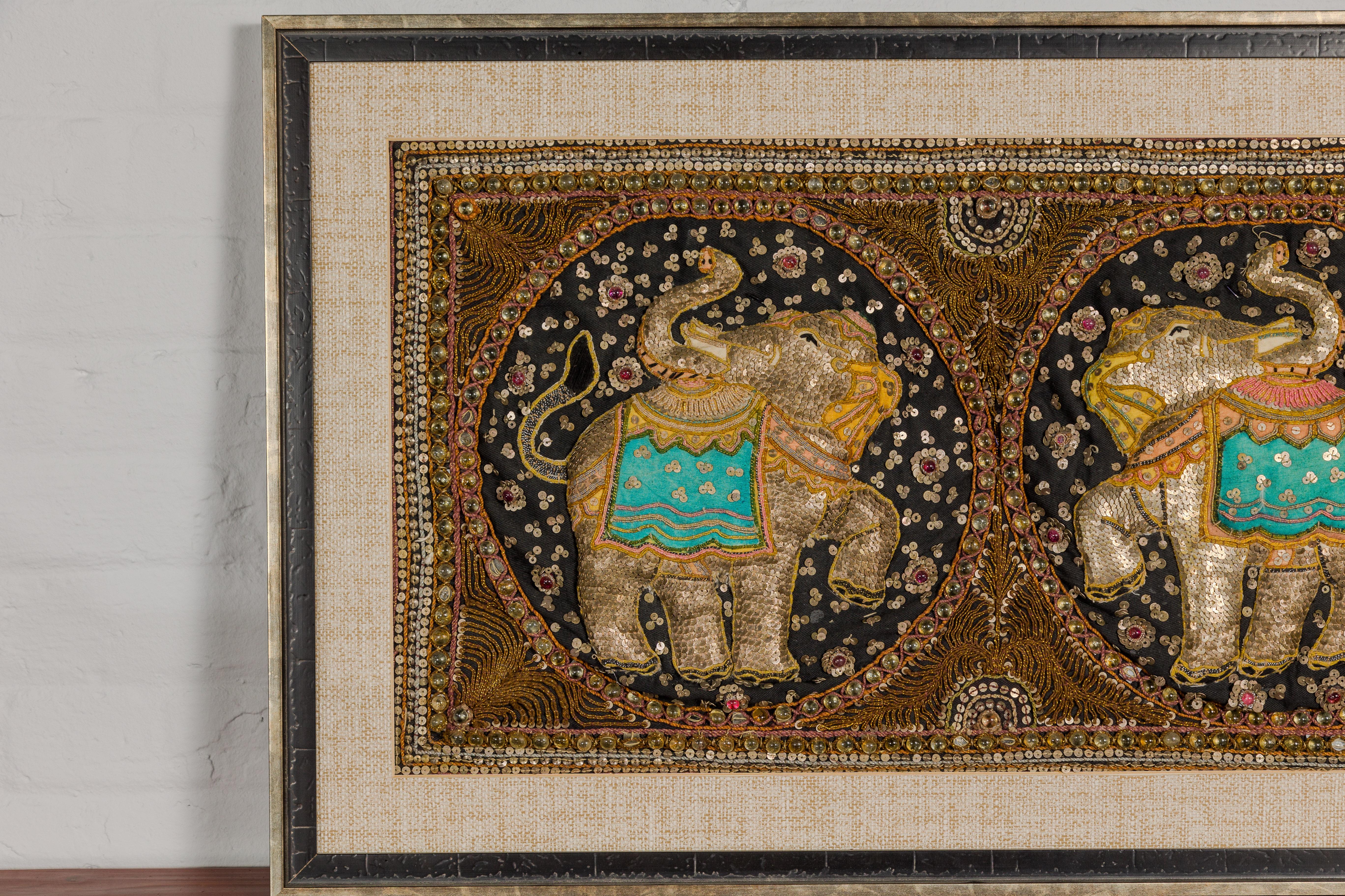 Burmese 19th Century Double Elephant Kalaga Tapestry with Sequins in Custom Frame