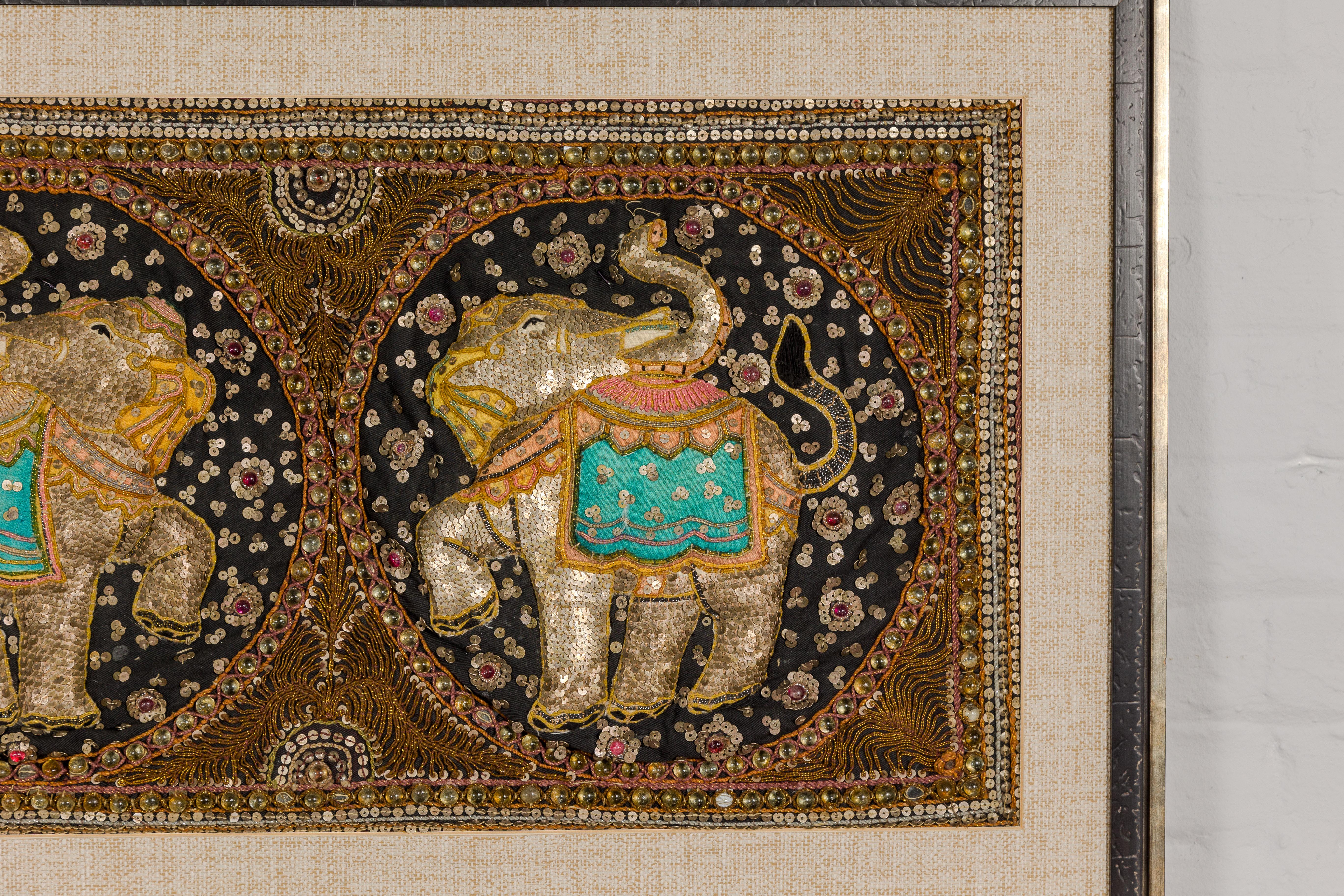 Embroidered 19th Century Double Elephant Kalaga Tapestry with Sequins in Custom Frame