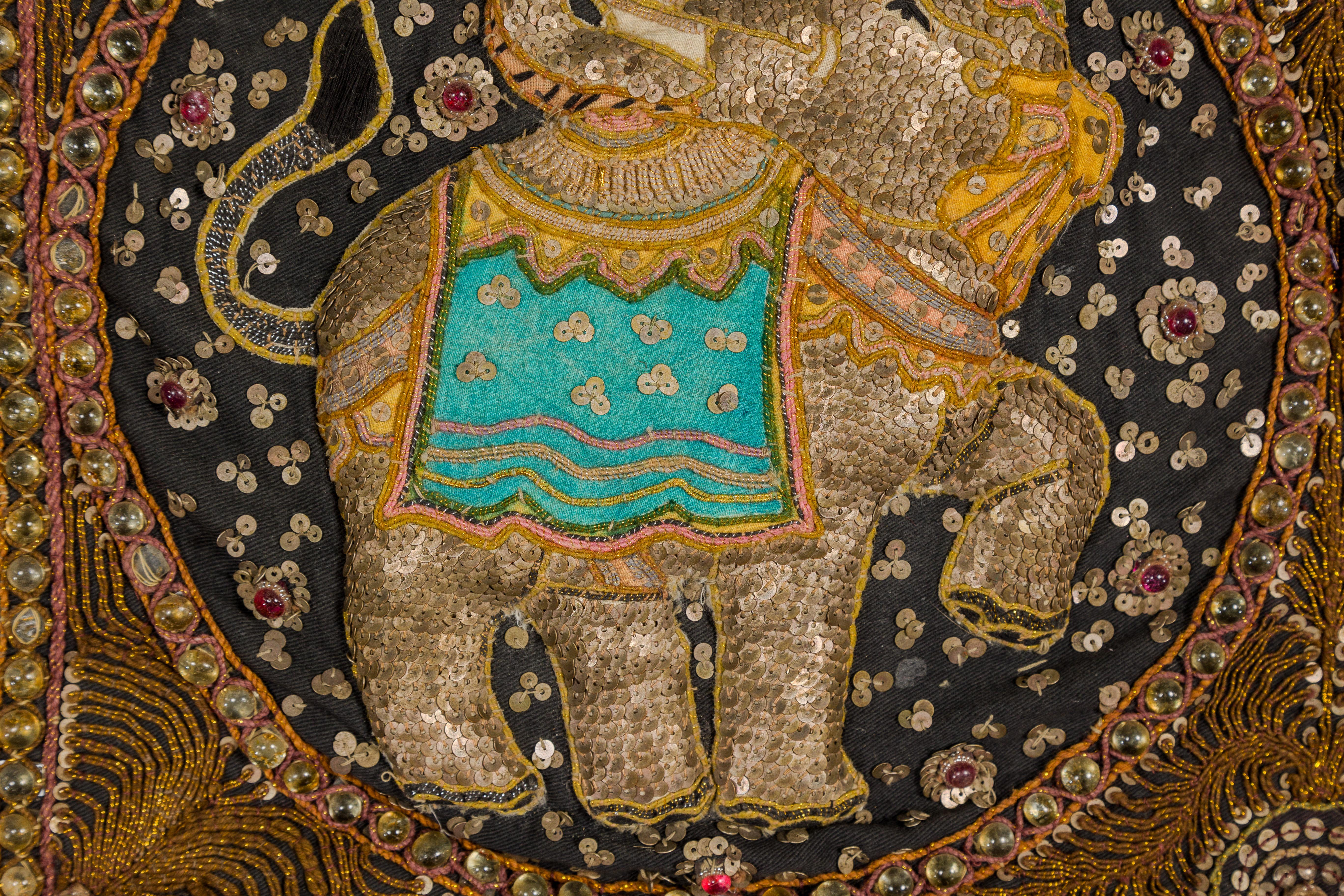 Fabric 19th Century Double Elephant Kalaga Tapestry with Sequins in Custom Frame