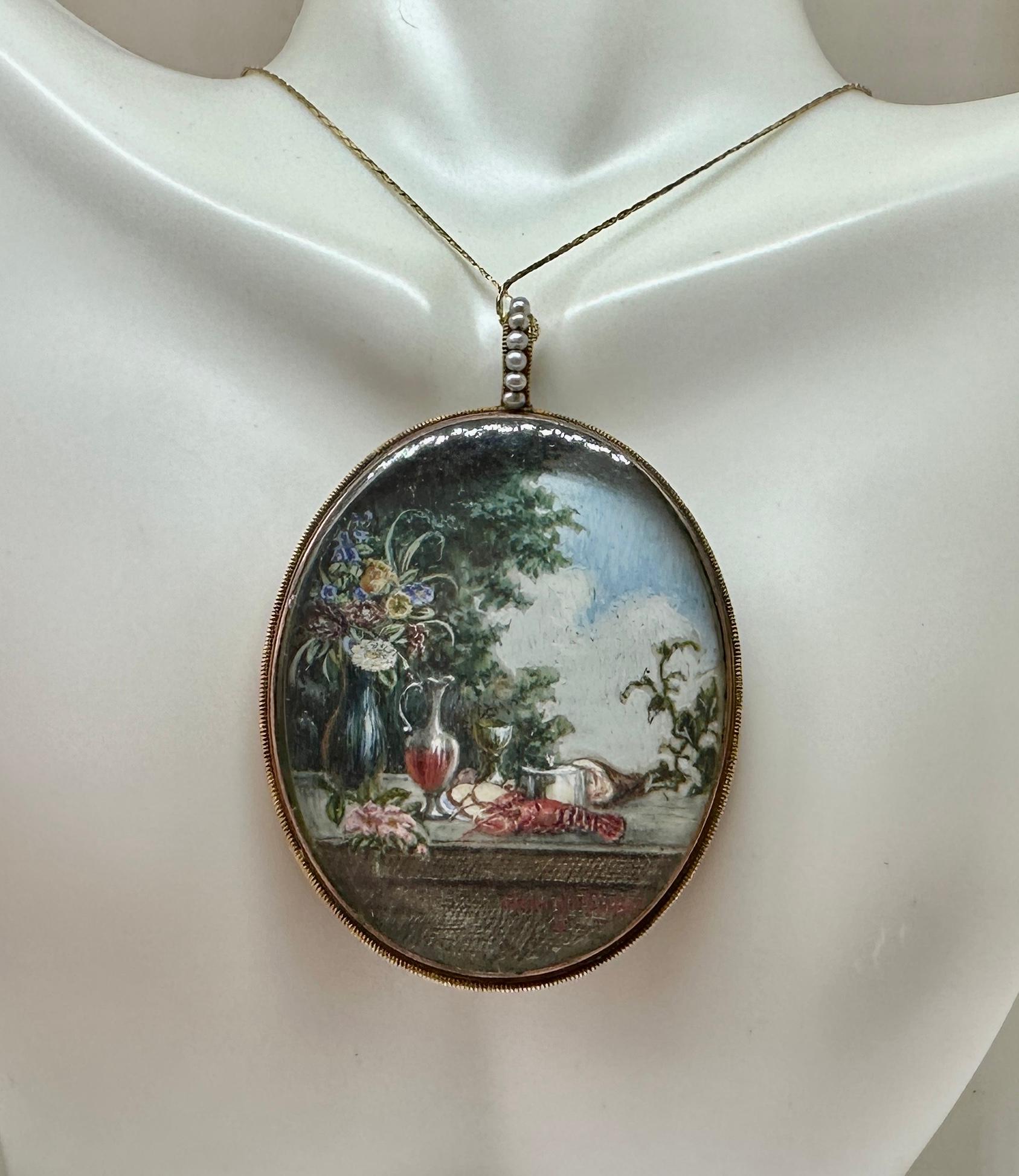 This is a wonderful Pendant Necklace with two Continental School 19th Century Double Miniature Still Lifes.  The two original works of great beauty are after Geertje Pieters (Dutch, 1636-1712), indicated by inscription to both still lifes, 