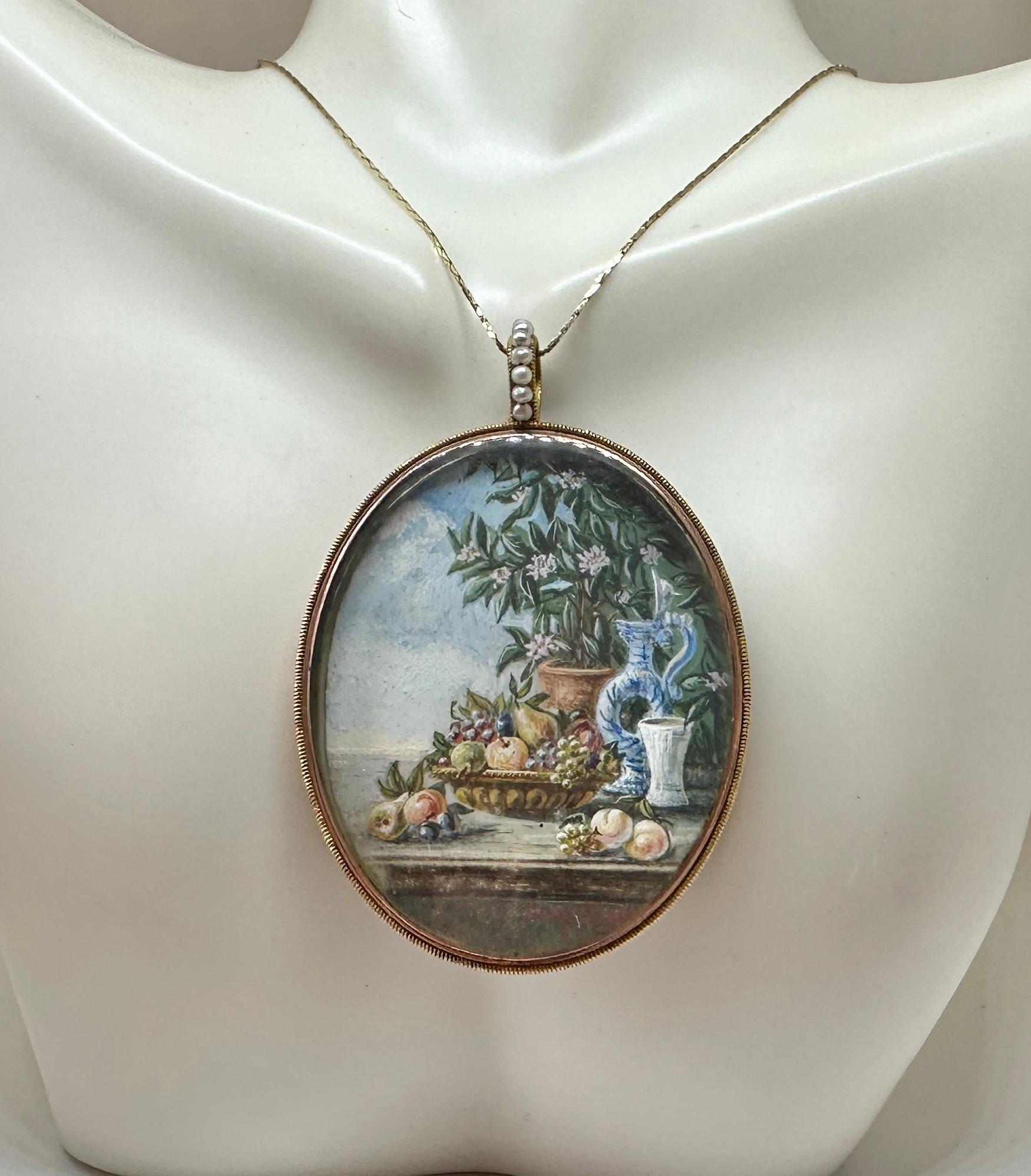 Romantic 19th Century Double Miniature Still Life Pendant Necklace Geertje Pieters Dutch For Sale