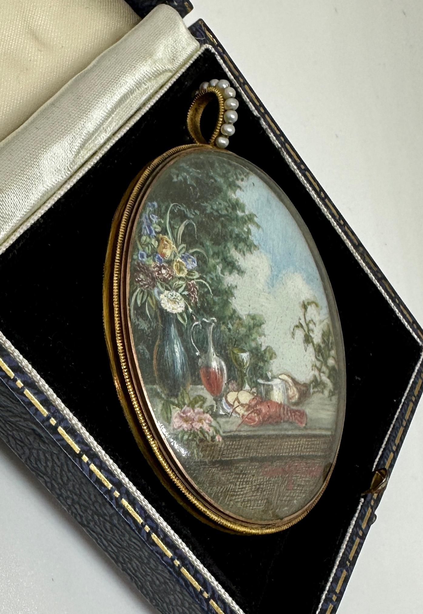 Women's or Men's 19th Century Double Miniature Still Life Pendant Necklace Geertje Pieters Dutch For Sale