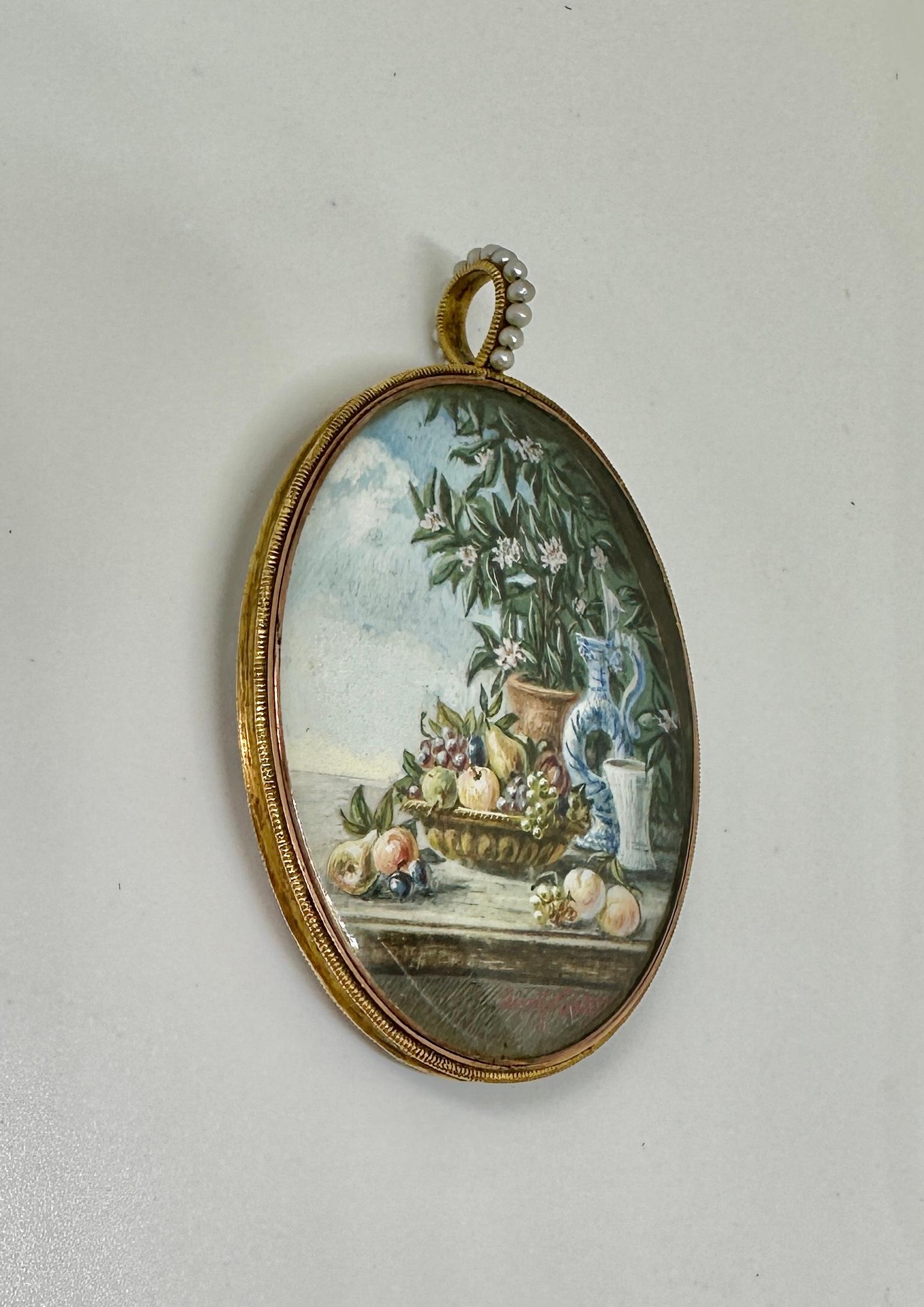 19th Century Double Miniature Still Life Pendant Necklace Geertje Pieters Dutch For Sale 1