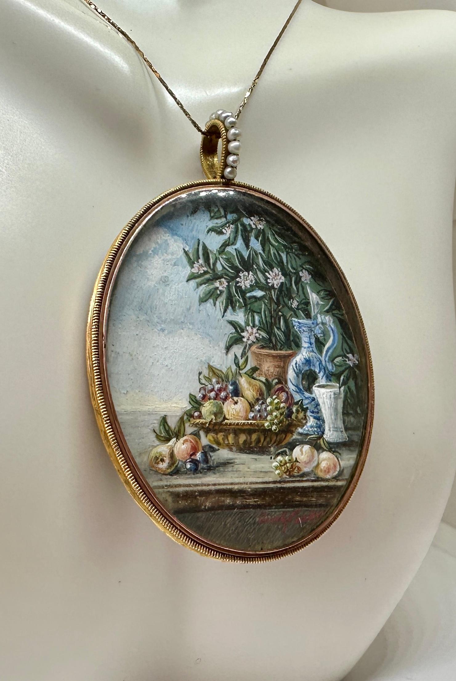 19th Century Double Miniature Still Life Pendant Necklace Geertje Pieters Dutch For Sale 2