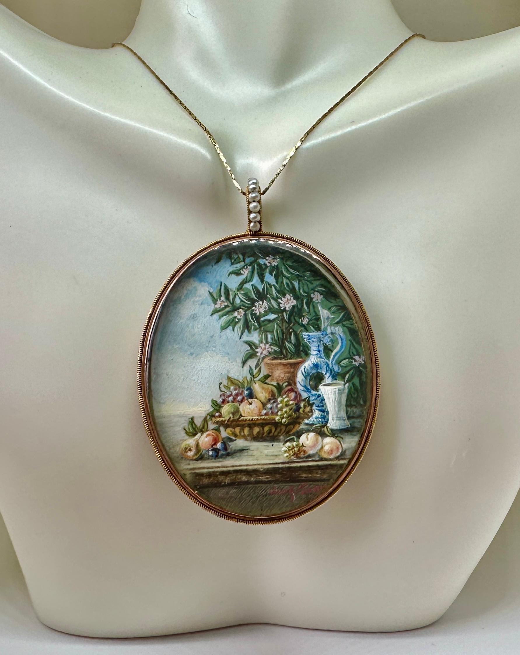 19th Century Double Miniature Still Life Pendant Necklace Geertje Pieters Dutch For Sale 3