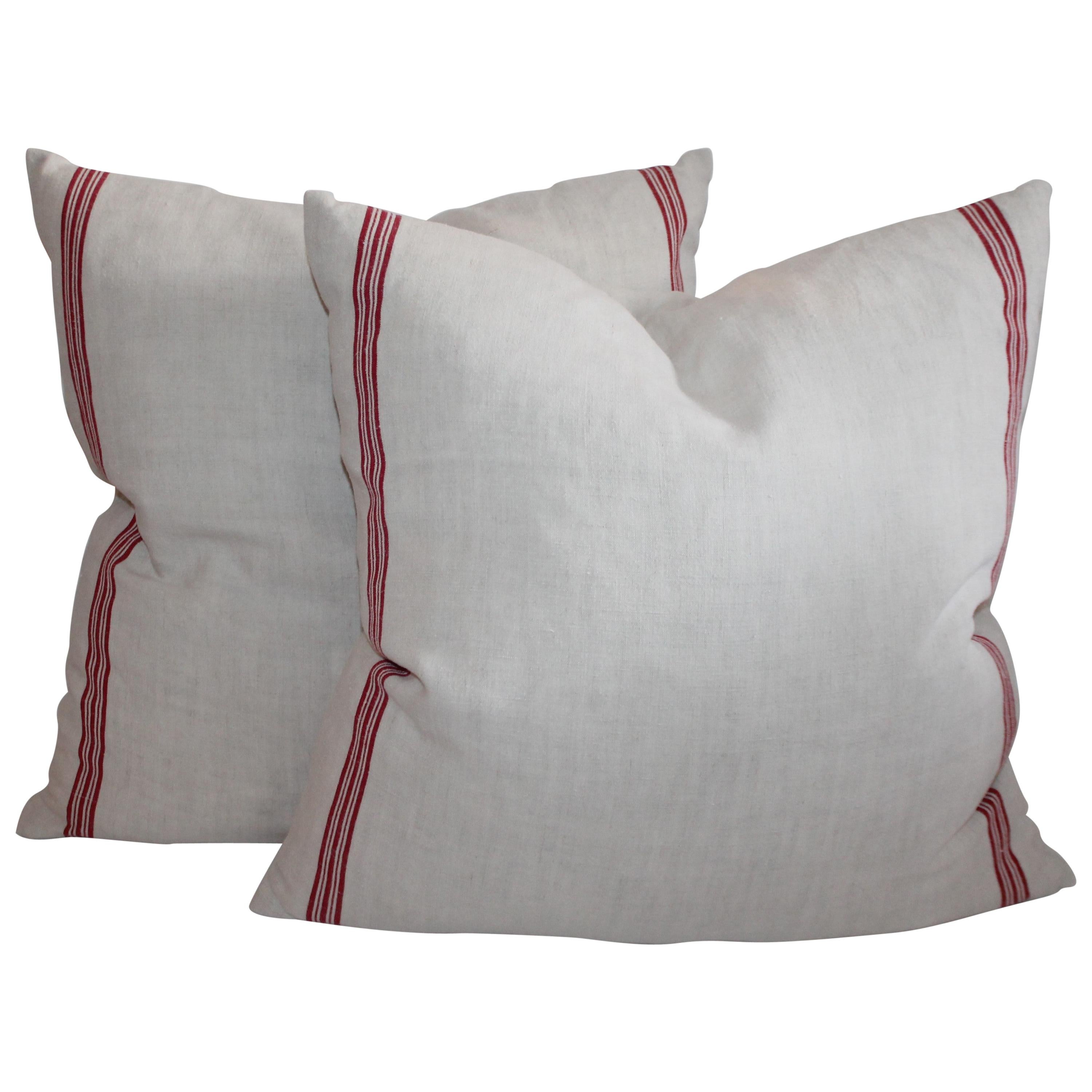 19th Century Double Sided Red & White Linen Pillows, Pair