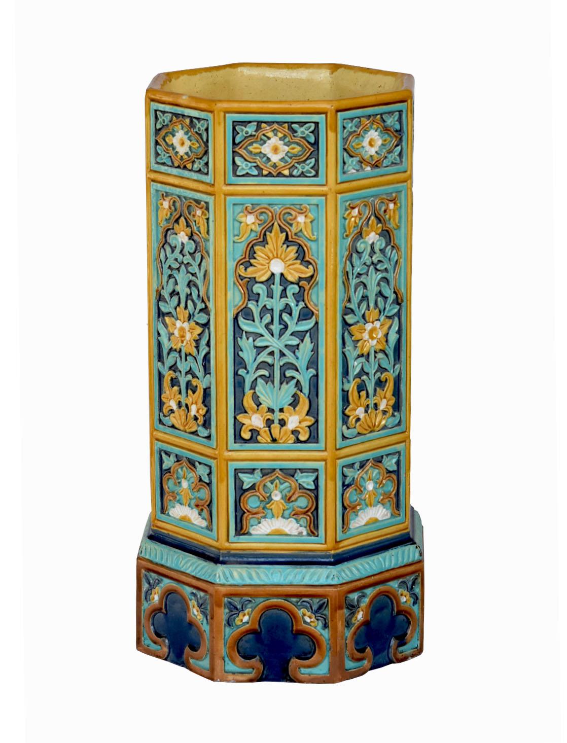 A rare Douton & Co. Lambeth, Majolica 'Indian' Umbrella stand, circa 1875, Measures: Height 24