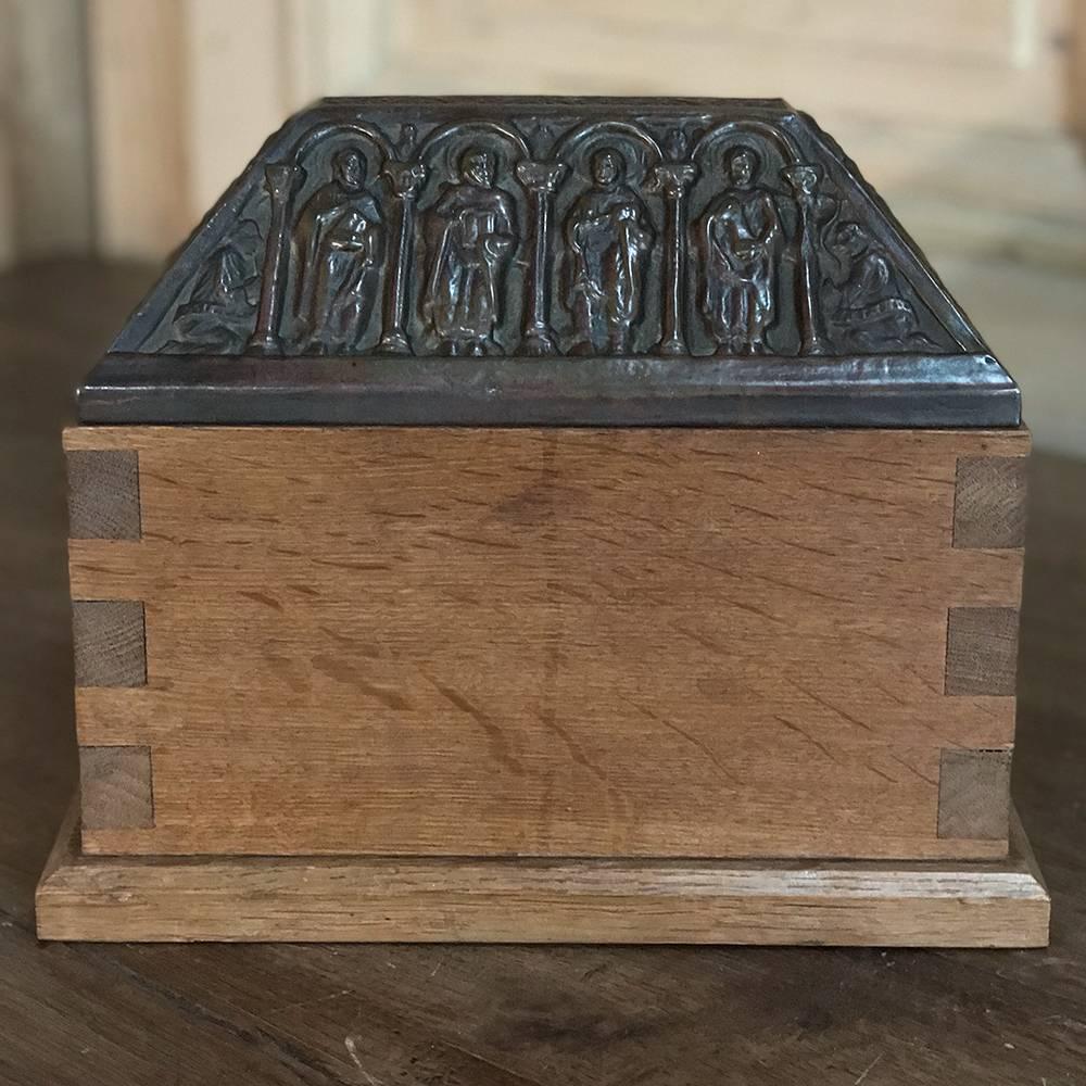 Gothic Revival 19th Century Dovetailed Wood Box with Pyrimidal Cast Brass Lid