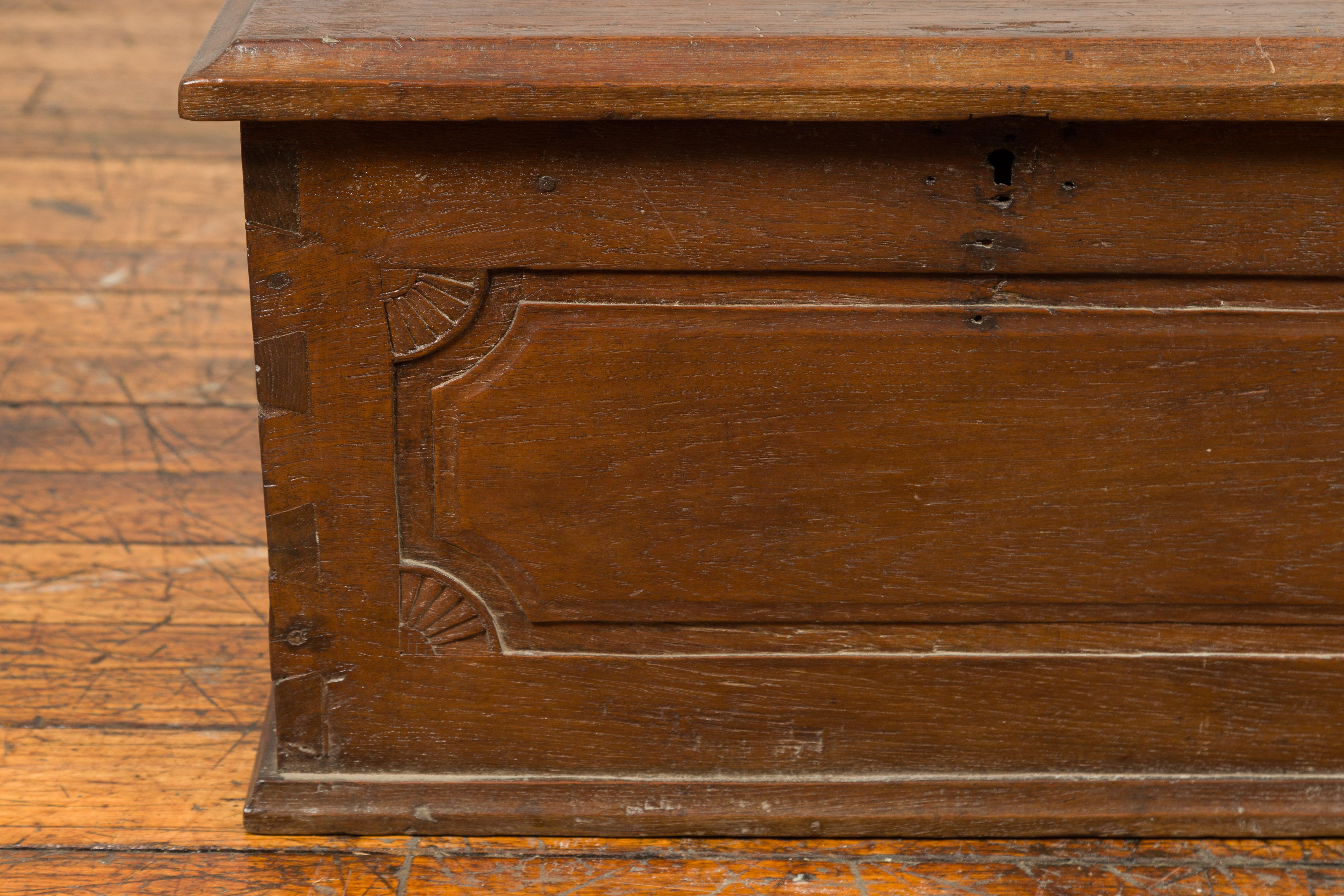 Indonesian 19th Century Dovetailed Wood Treasure Chest from Sumatra with Carved Fan Motifs