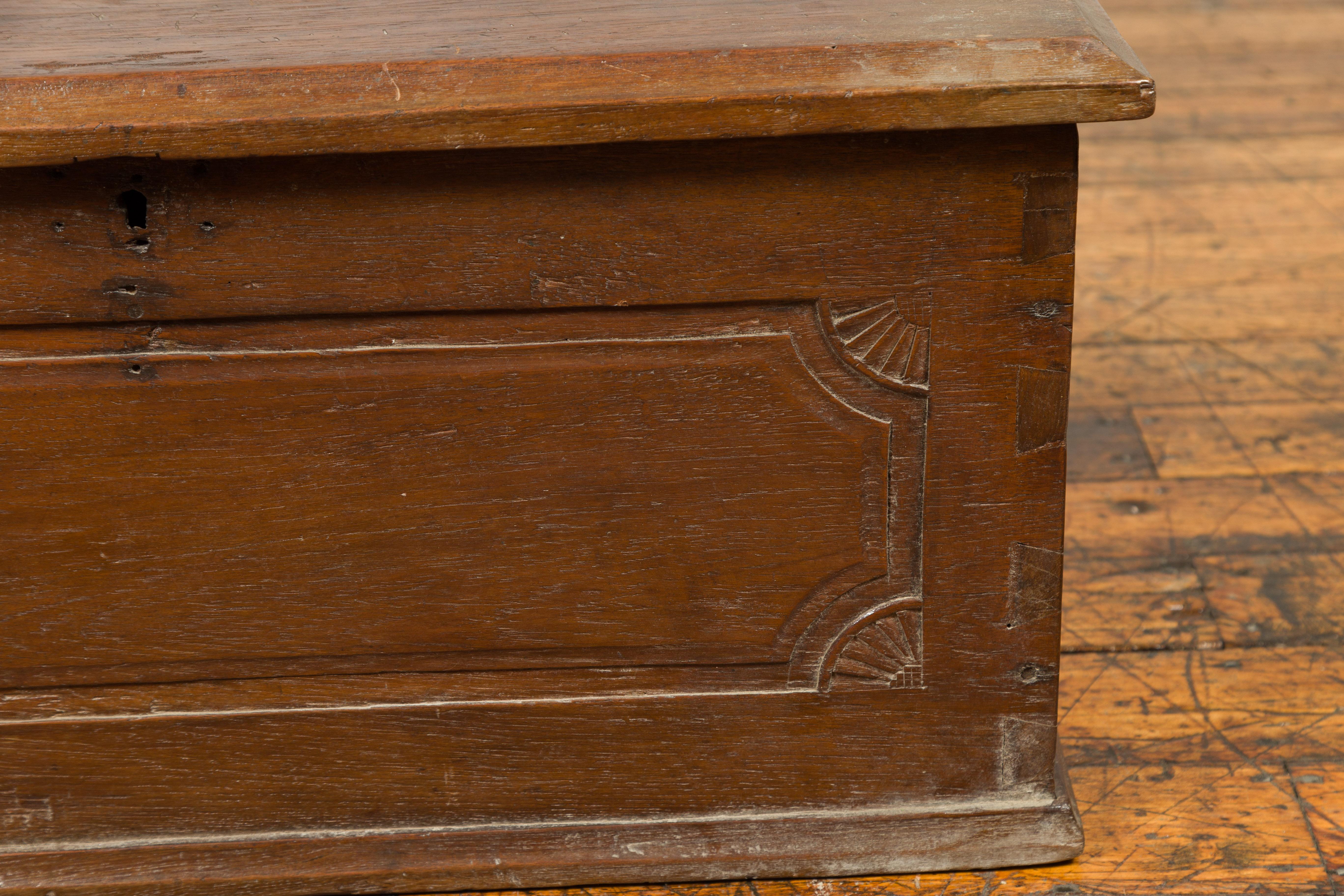19th Century Dovetailed Wood Treasure Chest from Sumatra with Carved Fan Motifs In Good Condition In Yonkers, NY