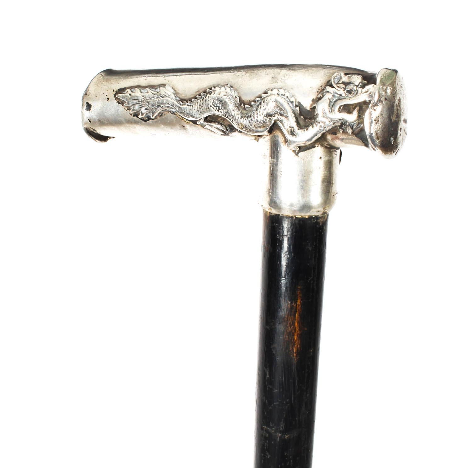 Ebonized 19th Century Dragon Chinese Silver Walking Stick Cane