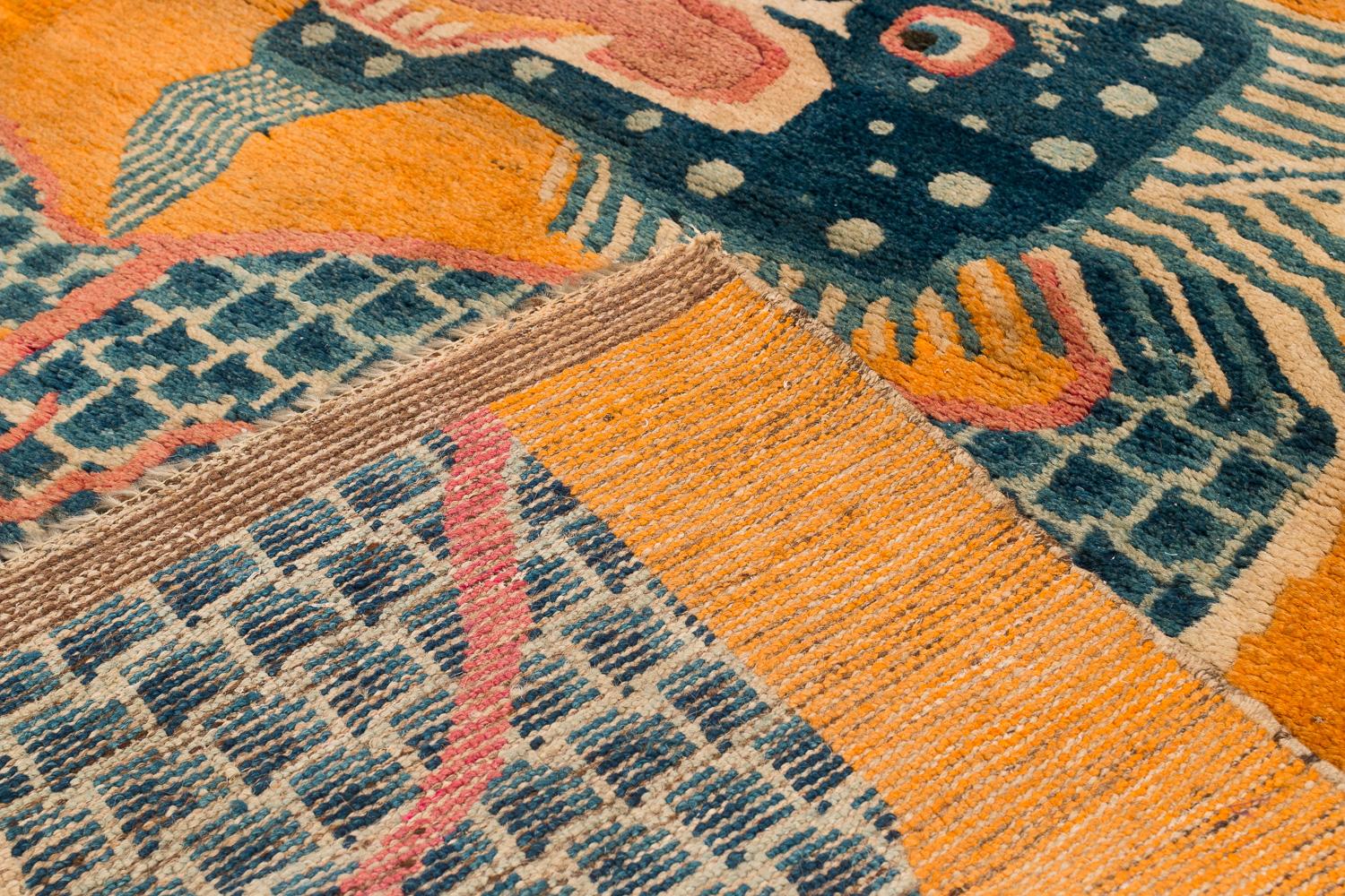 Antique 19th Century Chinese Tibetan Orange Dragon Pillar Rug or Wall Hanging In Good Condition For Sale In New York, NY