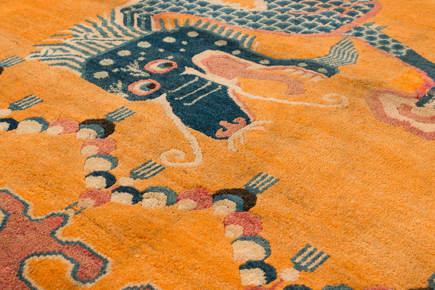 Antique 19th Century Chinese Tibetan Orange Dragon Pillar Rug or Wall Hanging For Sale 1