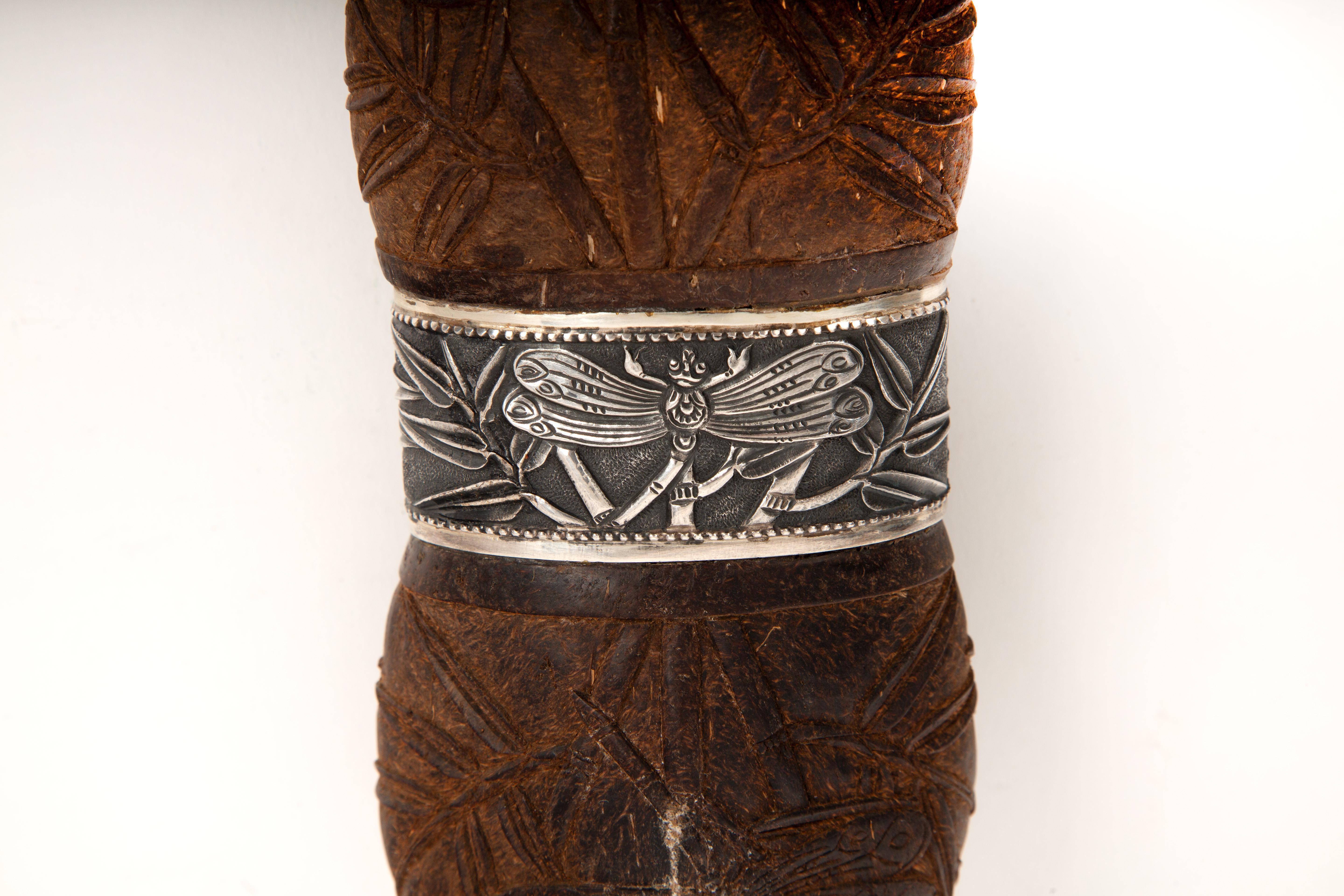 19th Century carved coconut container featuring intricate dragonfly motifs on both the coconut shell and the silver banded closure. The coconut is skillfully incised with geometric and botanical patterns, while the central silver mount is finely
