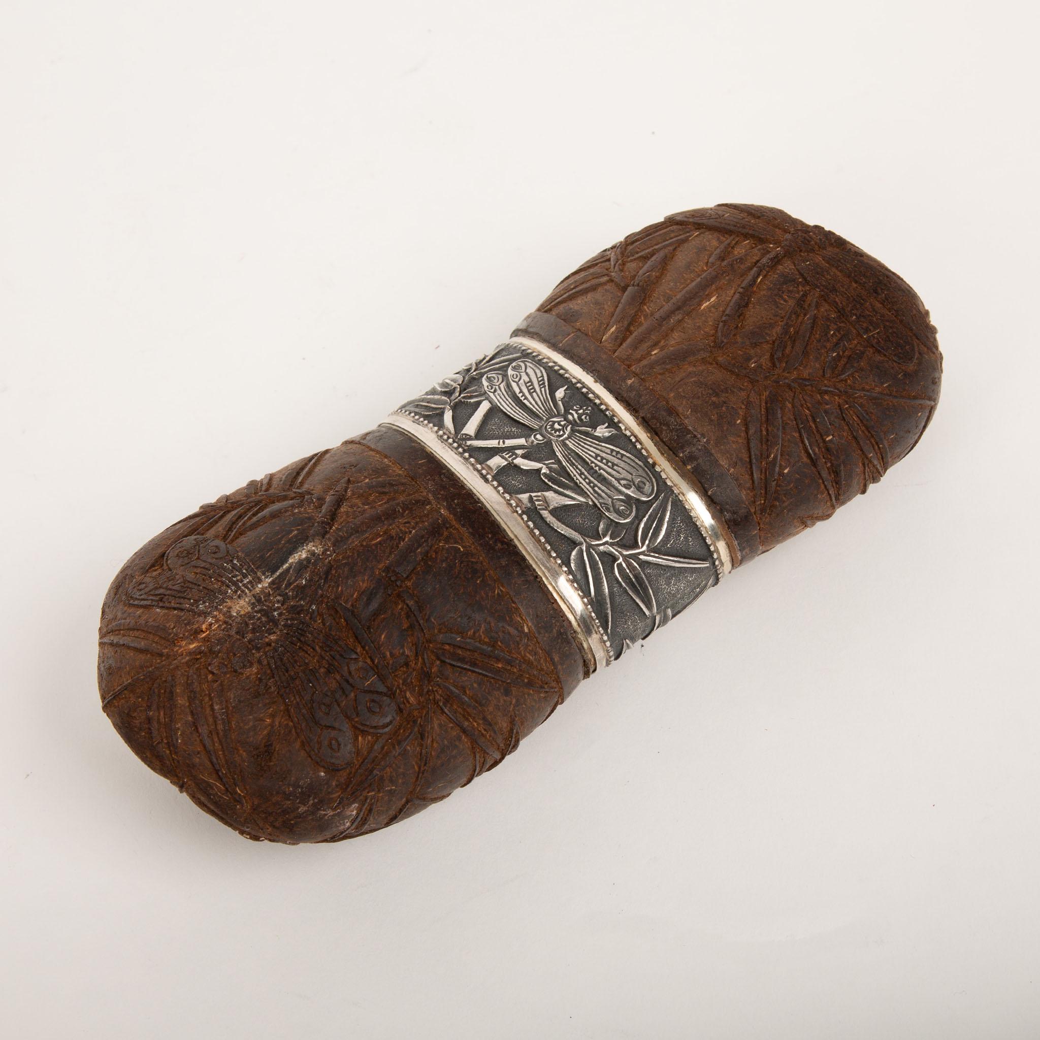French 19th Century Dragonfly-Decorated Carved Coconut with Silver Mounts For Sale
