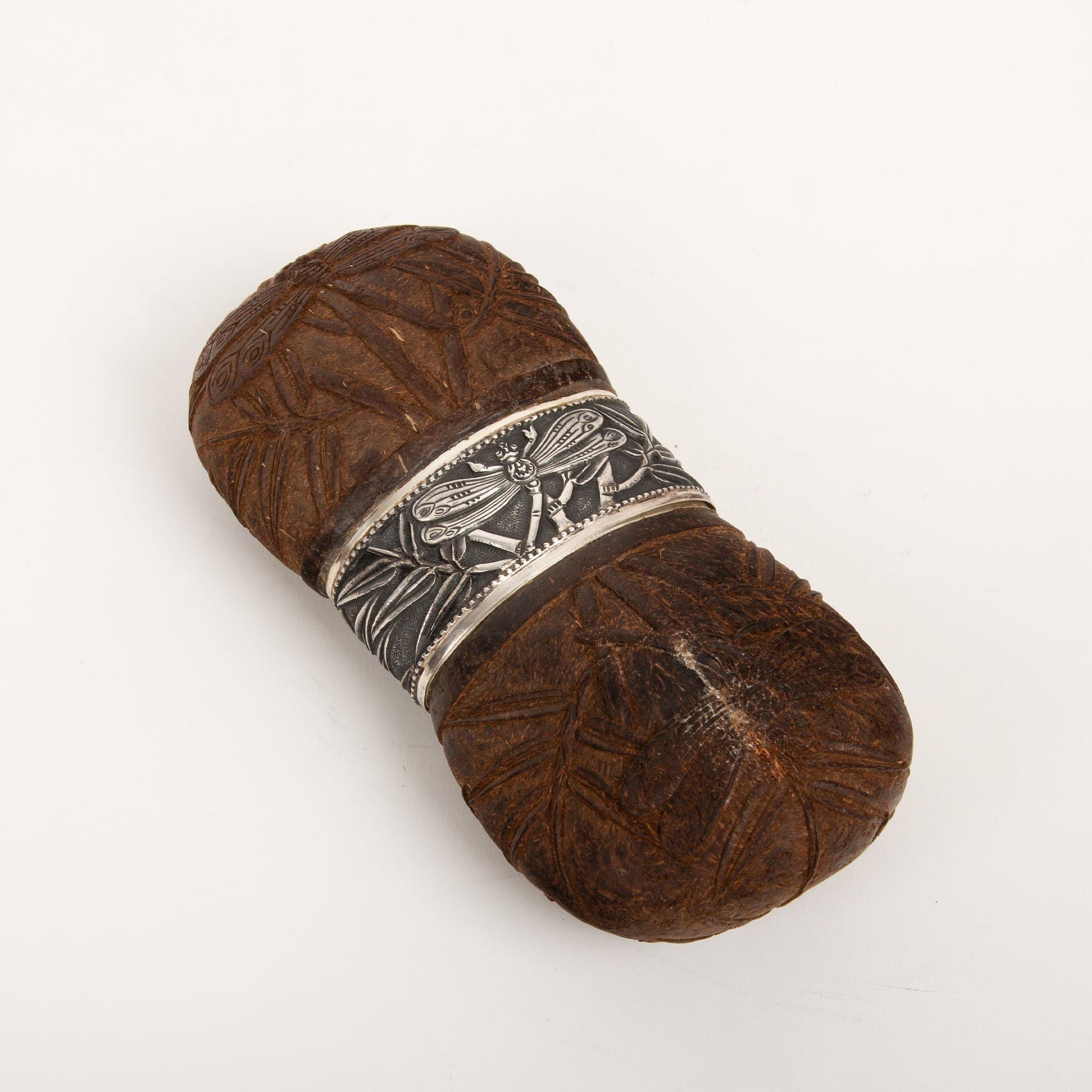 19th Century Dragonfly-Decorated Carved Coconut with Silver Mounts For Sale 1