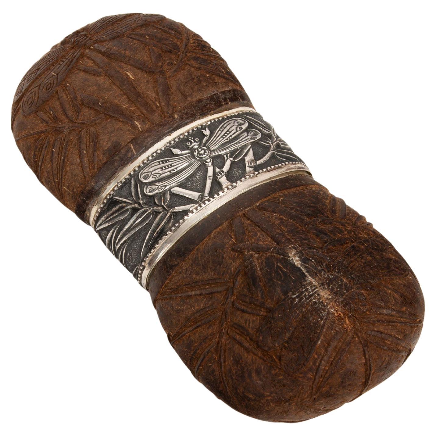 19th Century Dragonfly-Decorated Carved Coconut with Silver Mounts For Sale