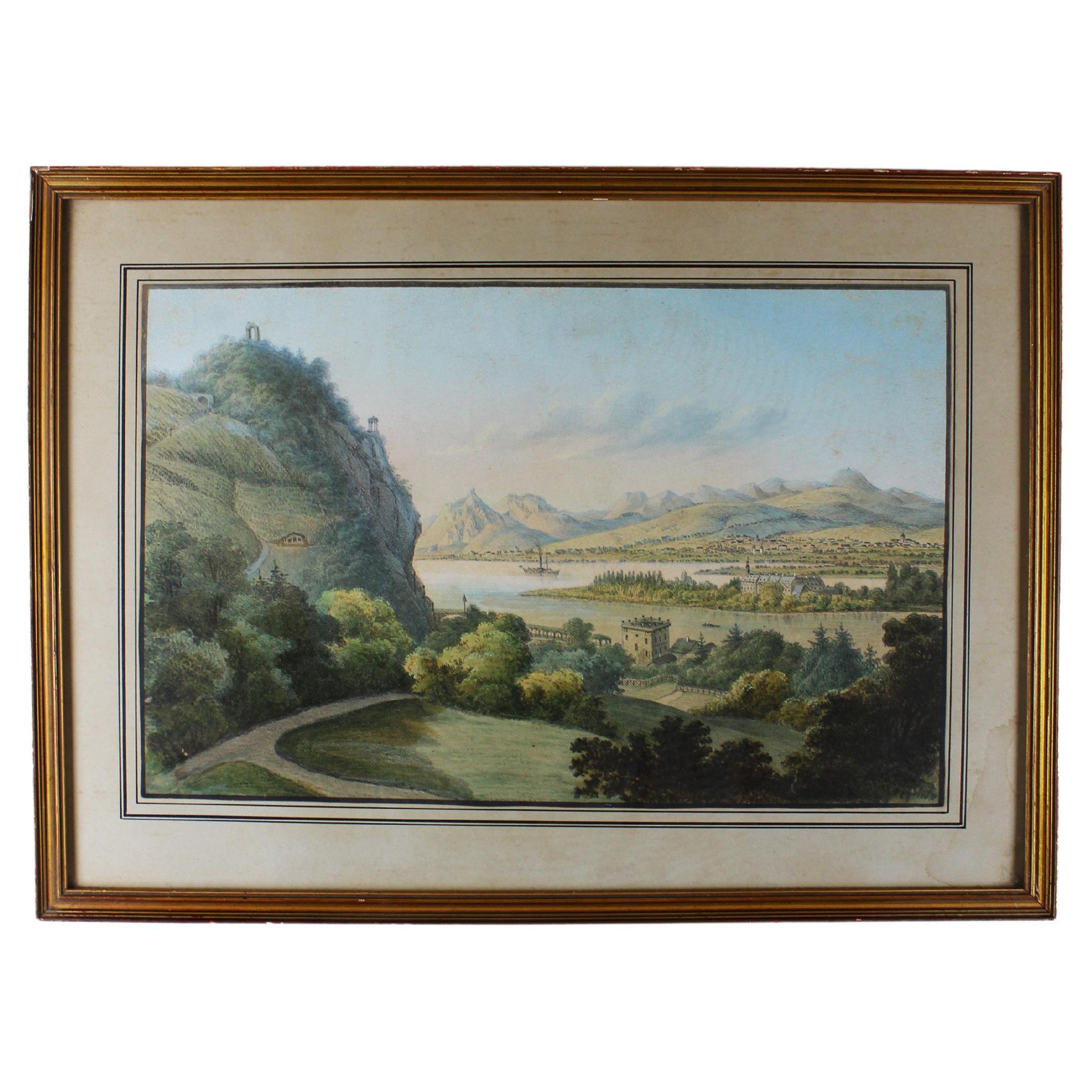 Dessin du 19e siècle "Paysage de montagne" Italie