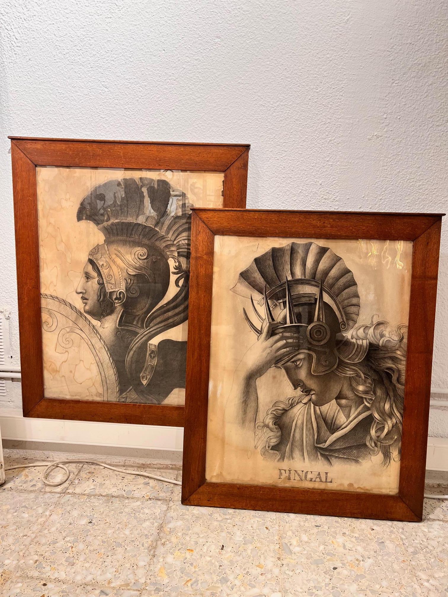 Dessins de figures classiques du XIXe siècle, paire encadrée en vente 3