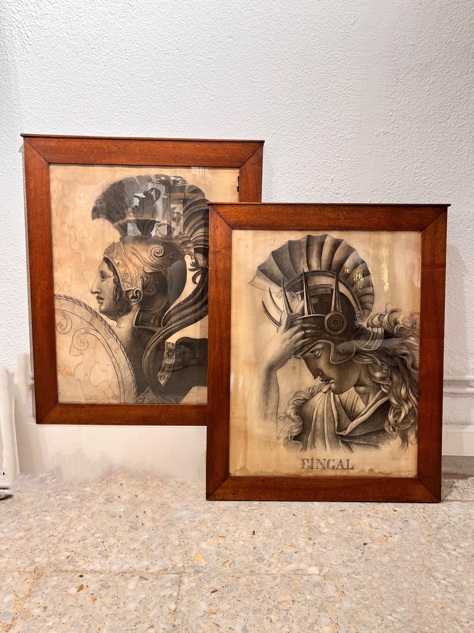 Dessins de figures classiques du XIXe siècle, paire encadrée en vente 6