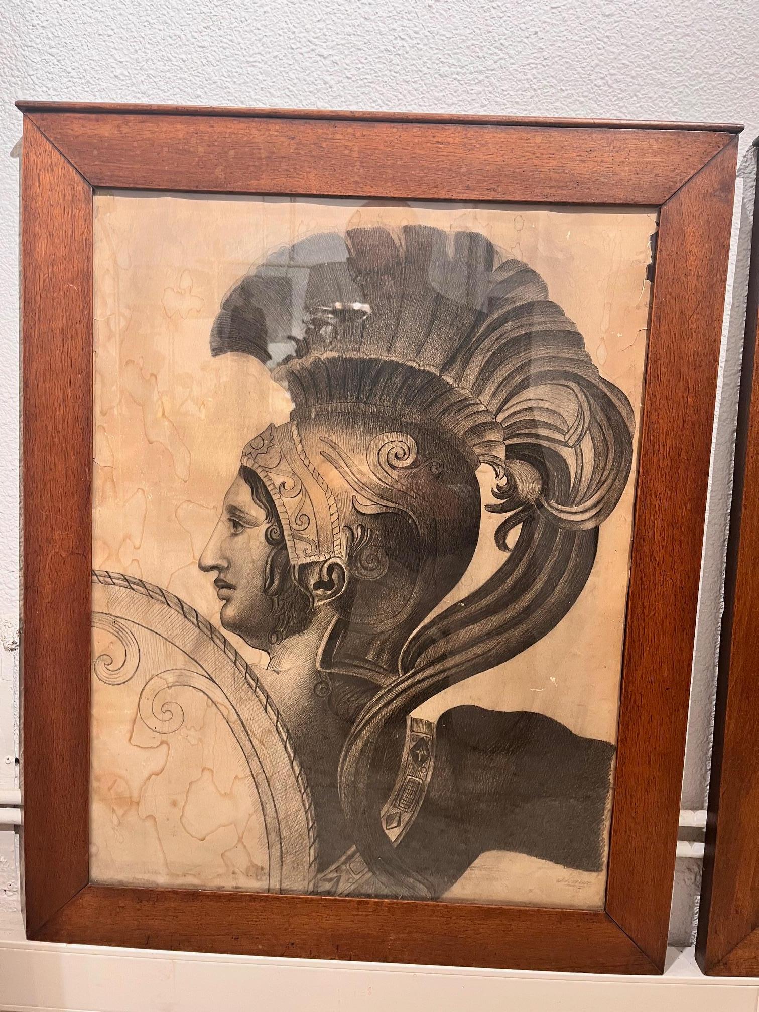 Bois Dessins de figures classiques du XIXe siècle, paire encadrée en vente