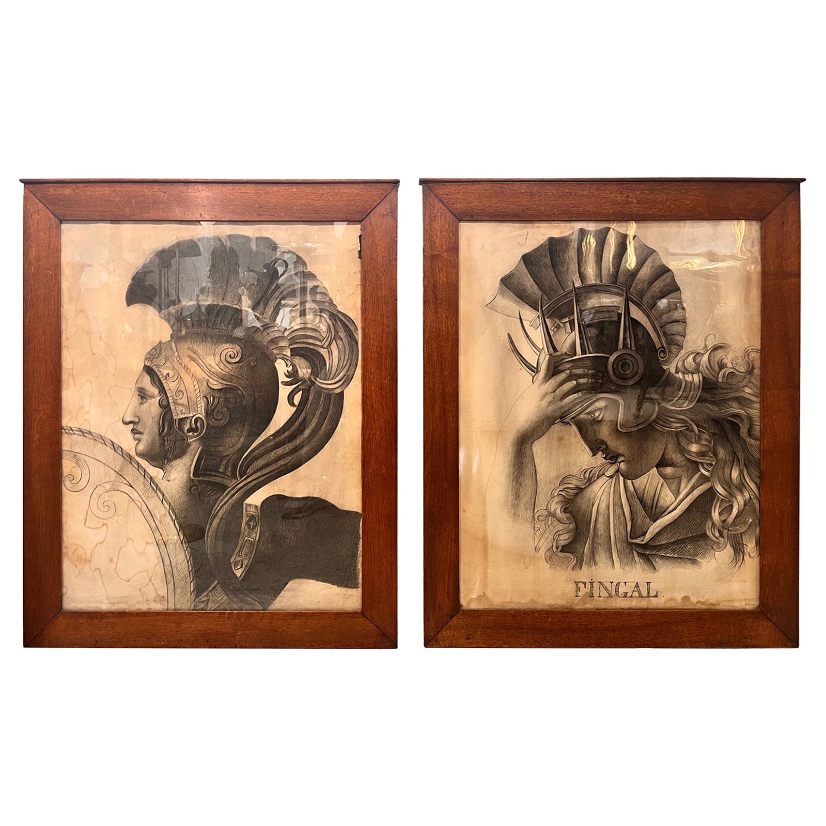 Dessins de figures classiques du XIXe siècle, paire encadrée en vente