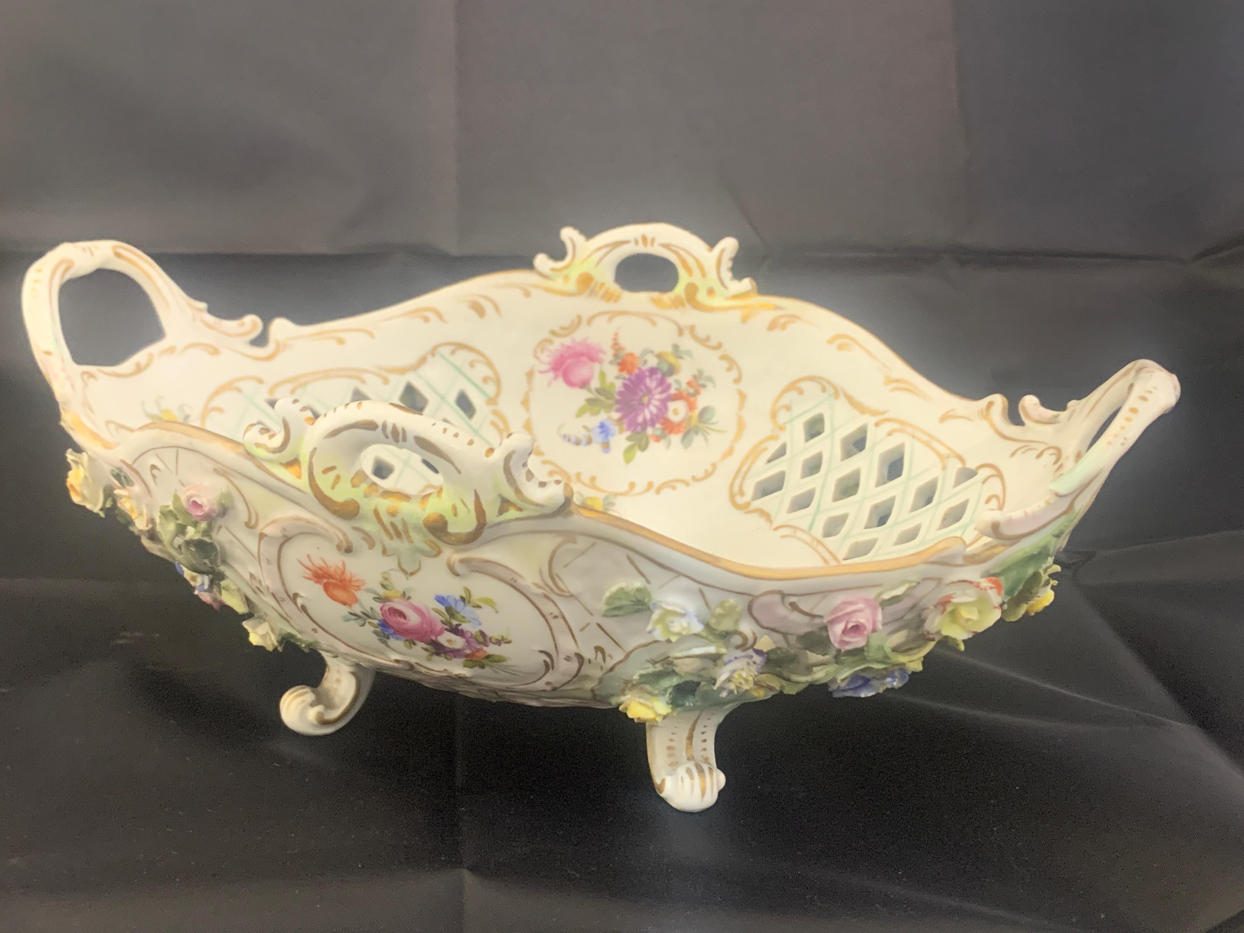 Hand-Painted 19th Century Dresden Jugendstil Porcelain Hand Painted Fancy Basket