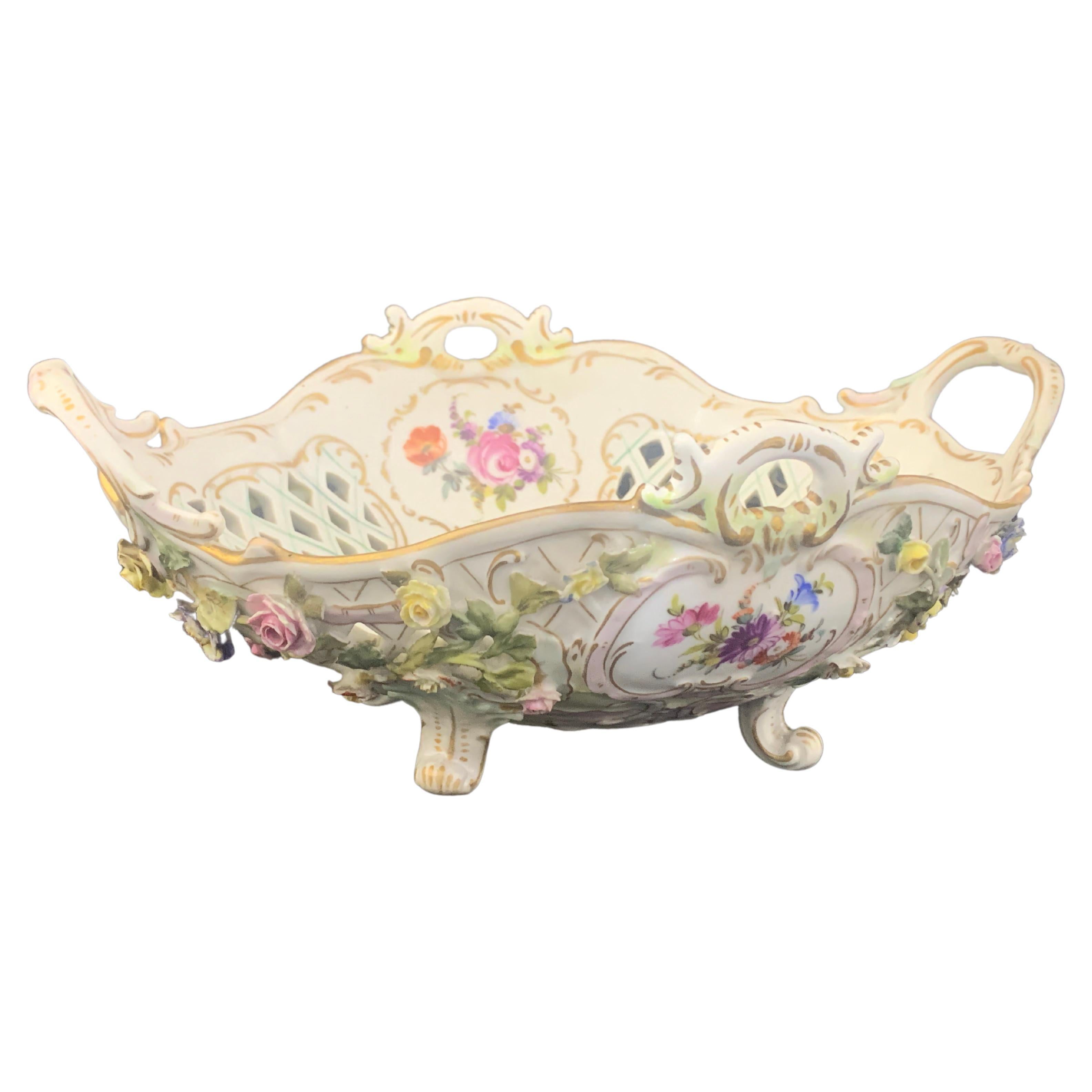 19th Century Dresden Jugendstil Porcelain Hand Painted Fancy Basket