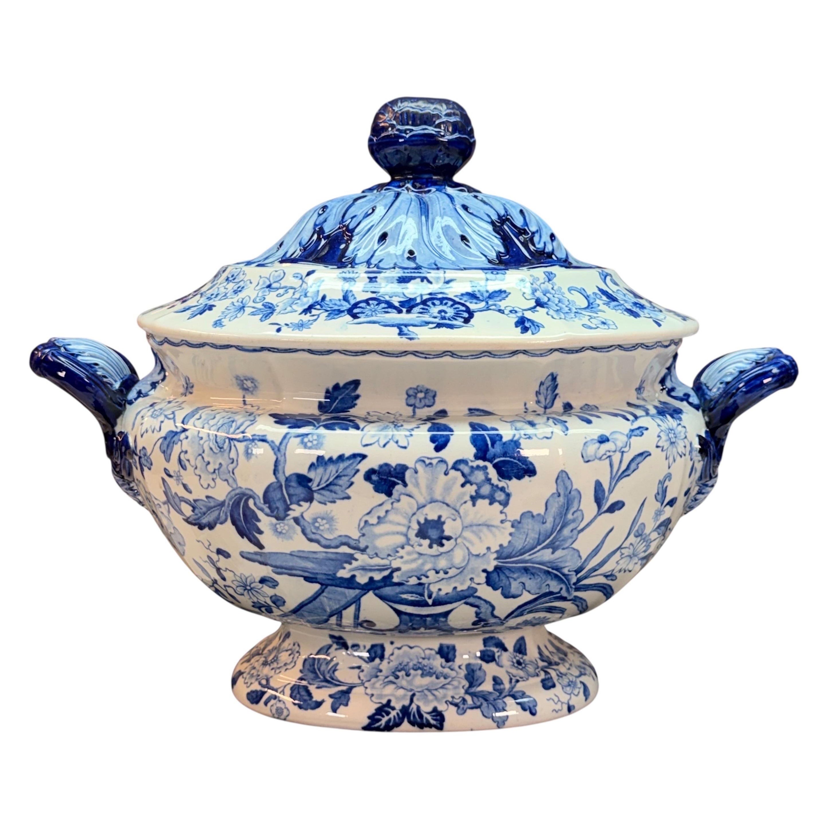 19th Century ' Dresden Opaque China' Blue & White Soup Tureen Staffordshire