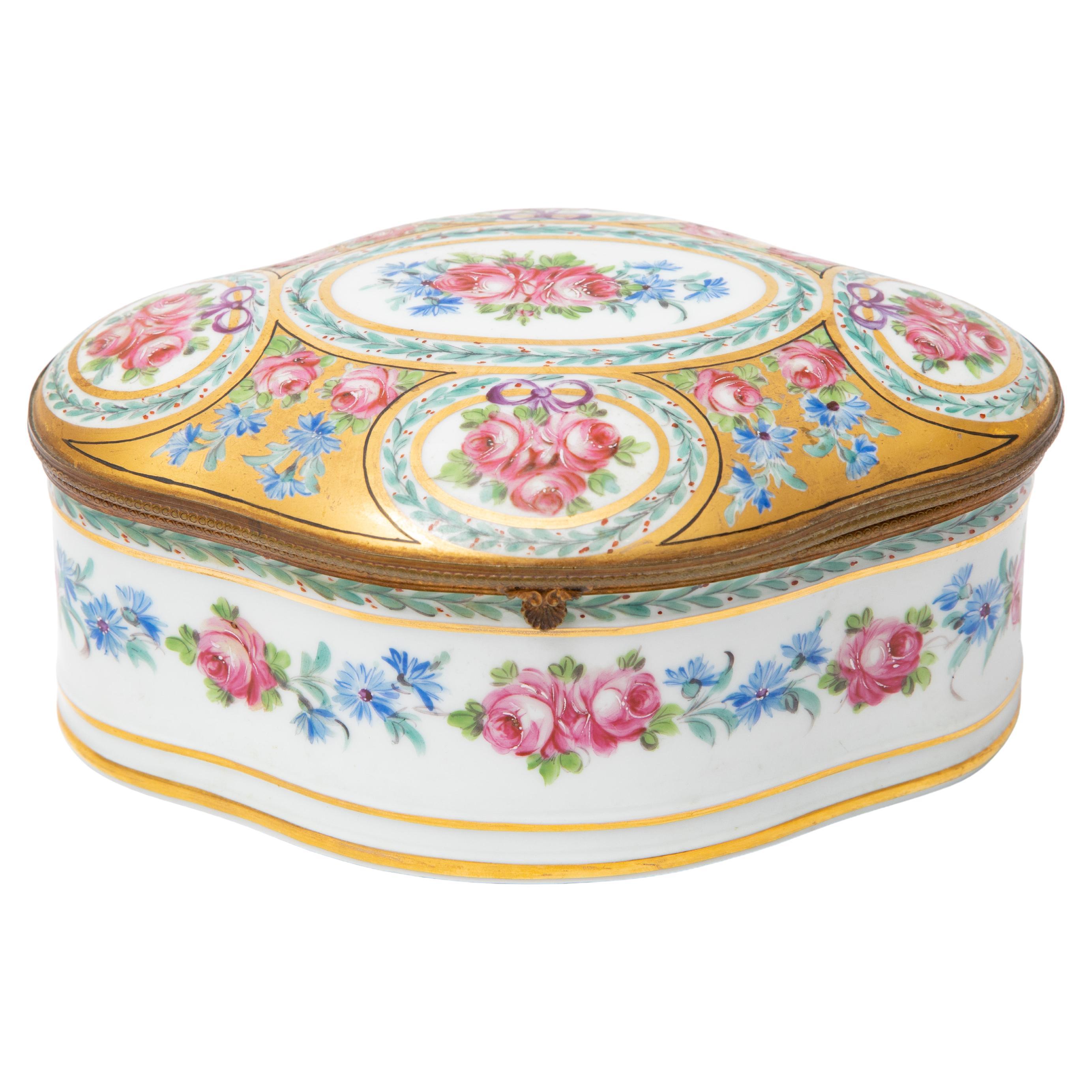 19th Century Dresden Porcelain Box, Hand Painted Flowers With Gilt Metal Detail