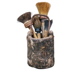 Antique 19th Century Dug Out Branch Painters Pot and Brushes
