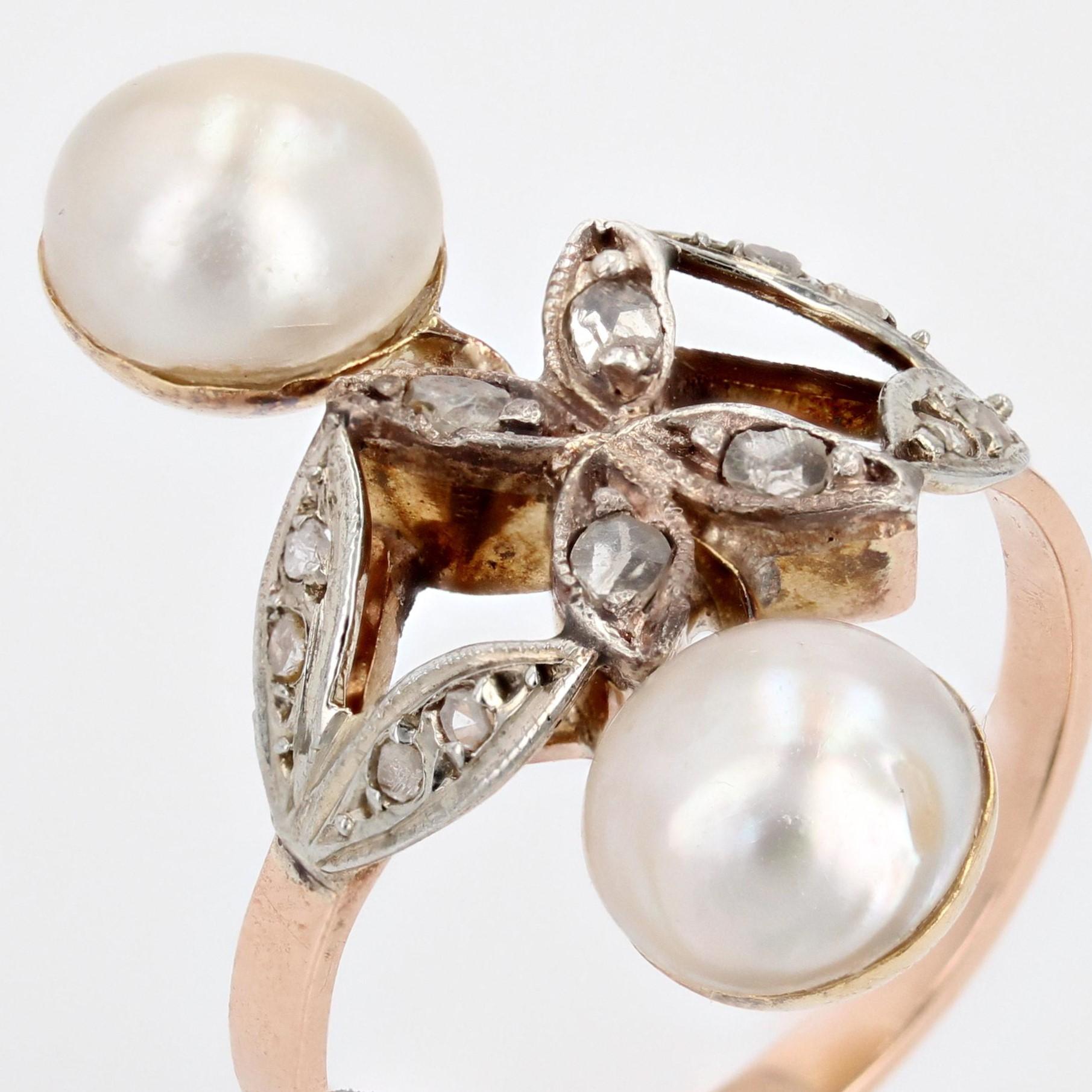 Bague 19ème siècle Duo de perles Mabé Diamants Or Rose 18 Karat en vente 4