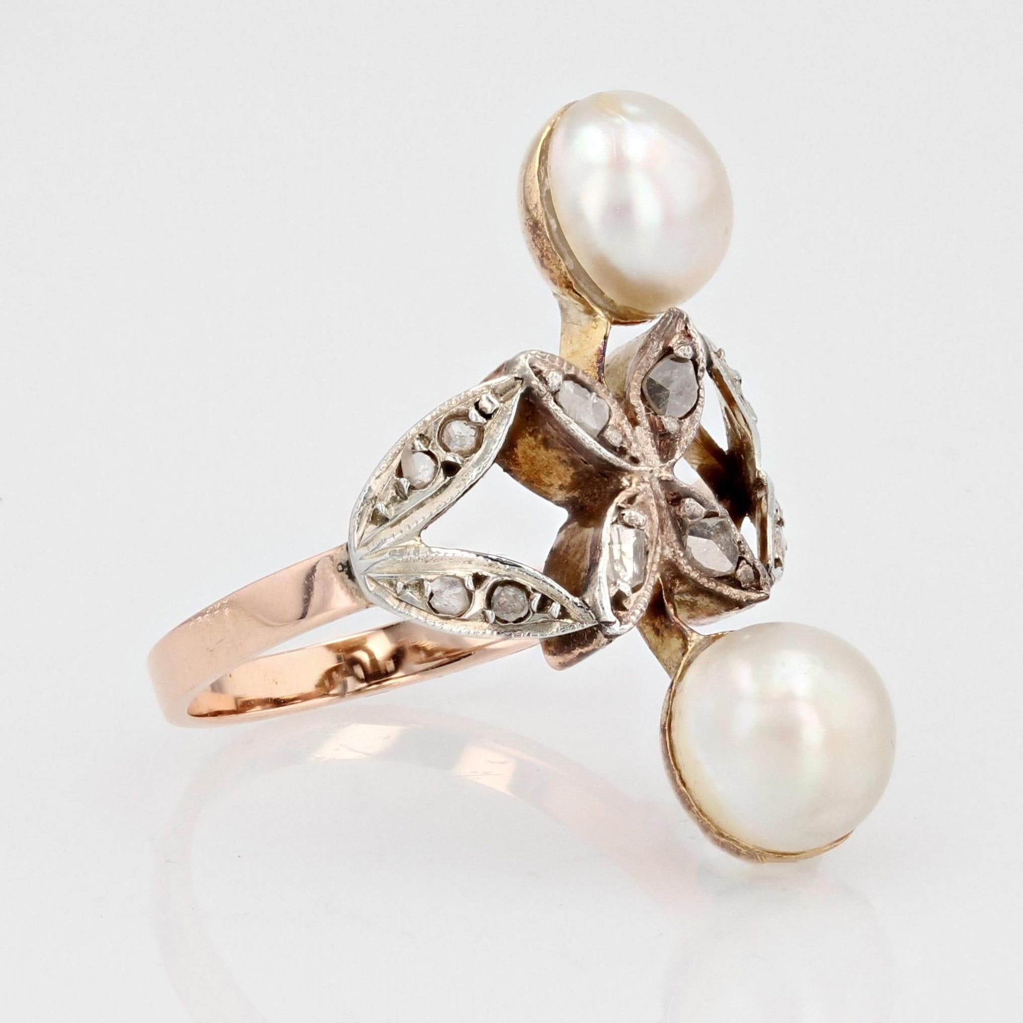 Bague 19ème siècle Duo de perles Mabé Diamants Or Rose 18 Karat en vente 5