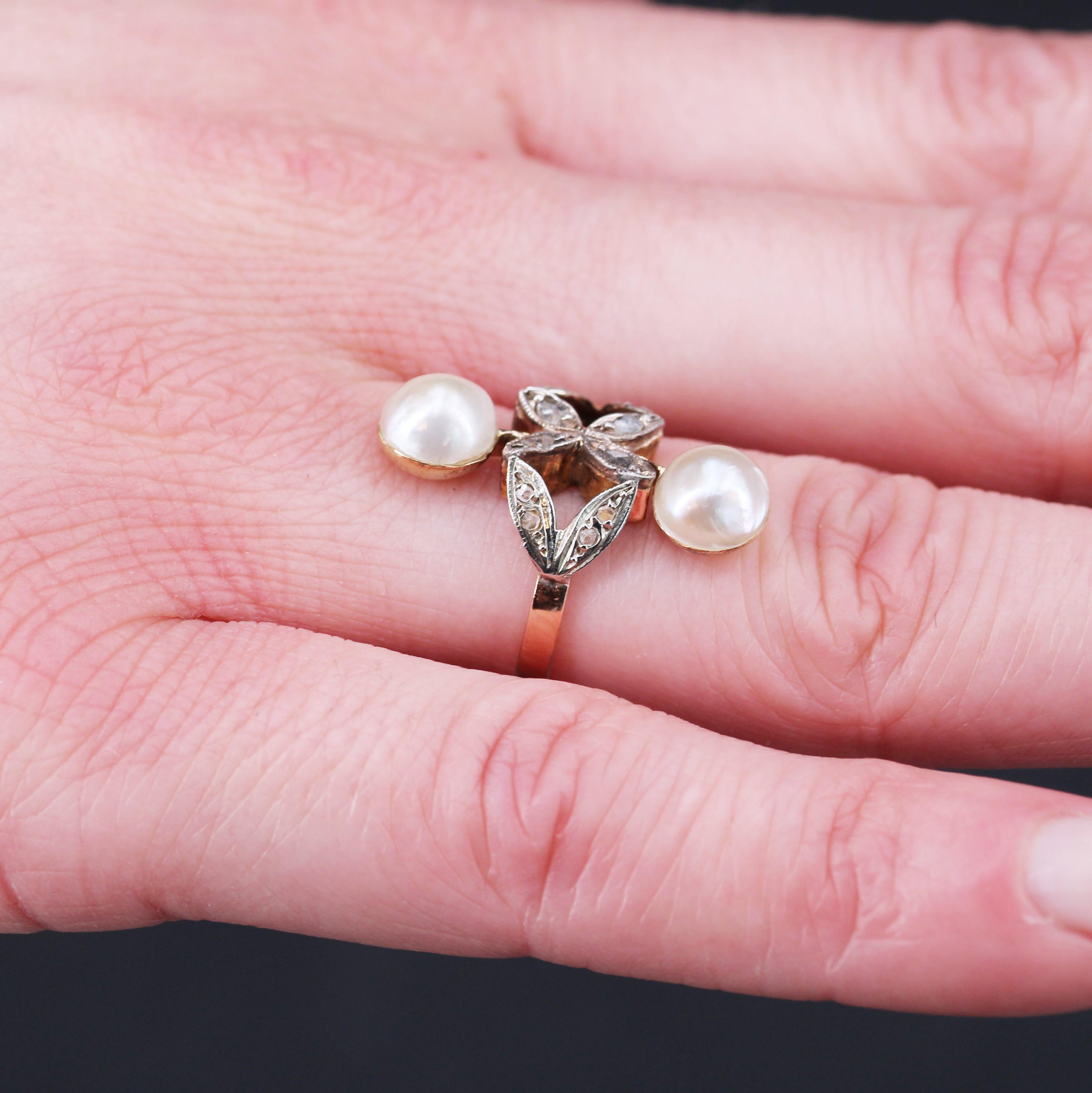 Bague 19ème siècle Duo de perles Mabé Diamants Or Rose 18 Karat en vente 7