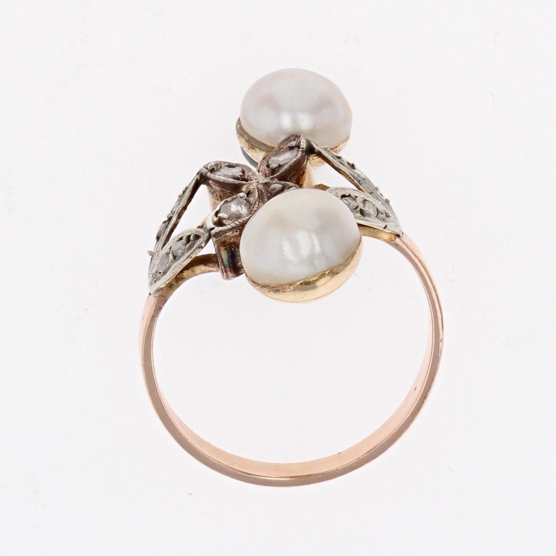 Bague 19ème siècle Duo de perles Mabé Diamants Or Rose 18 Karat en vente 8