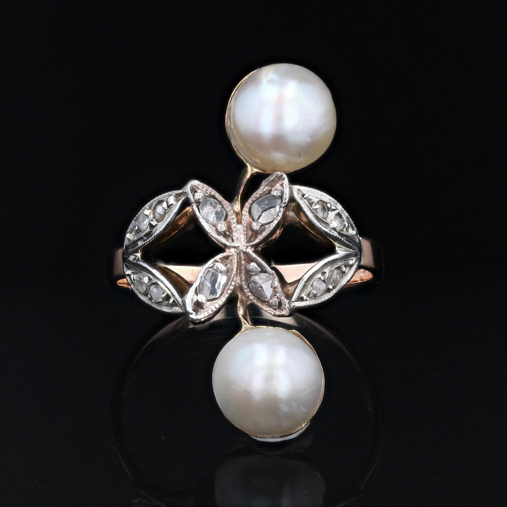 Napoléon III Bague 19ème siècle Duo de perles Mabé Diamants Or Rose 18 Karat en vente