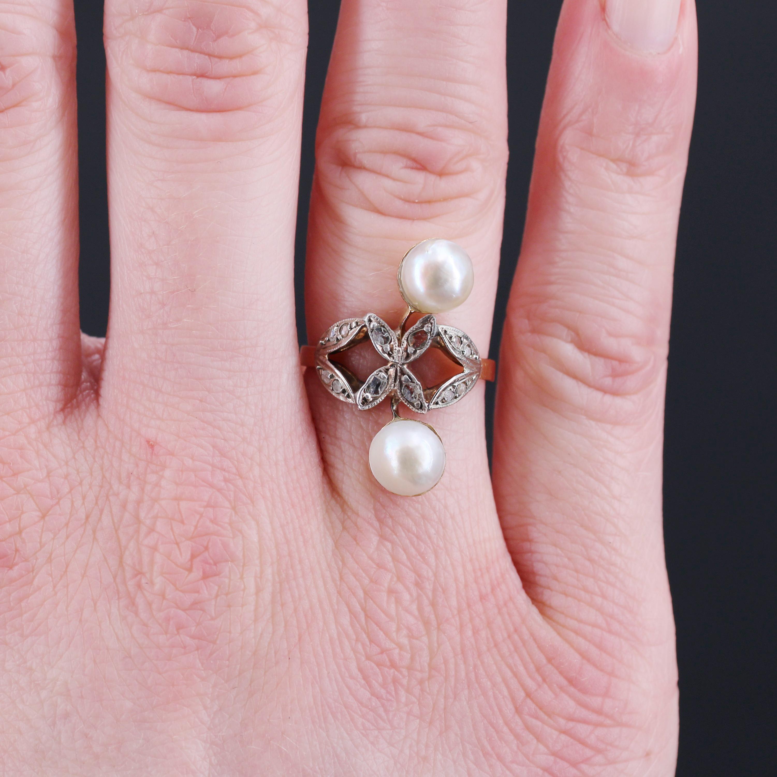 Bague 19ème siècle Duo de perles Mabé Diamants Or Rose 18 Karat en vente 1
