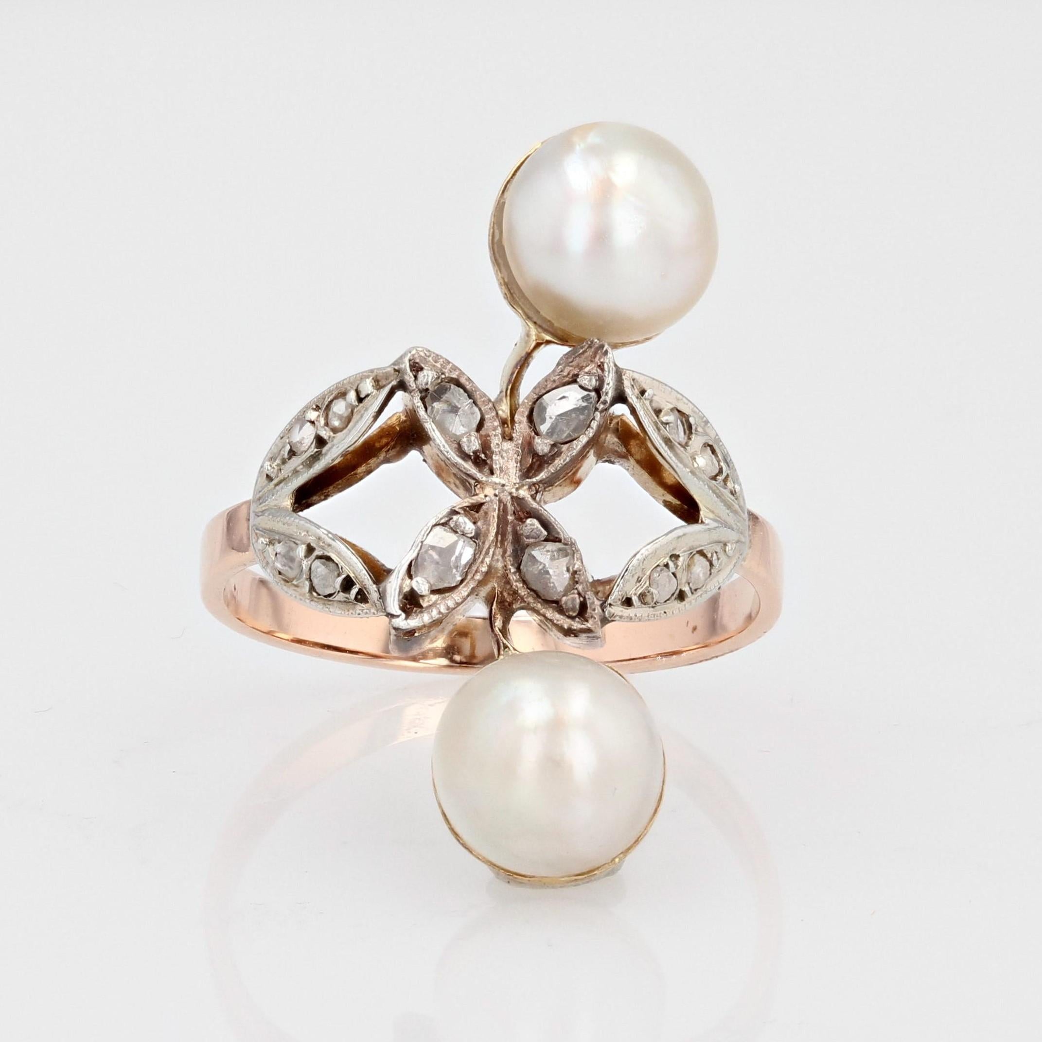 Bague 19ème siècle Duo de perles Mabé Diamants Or Rose 18 Karat en vente 2