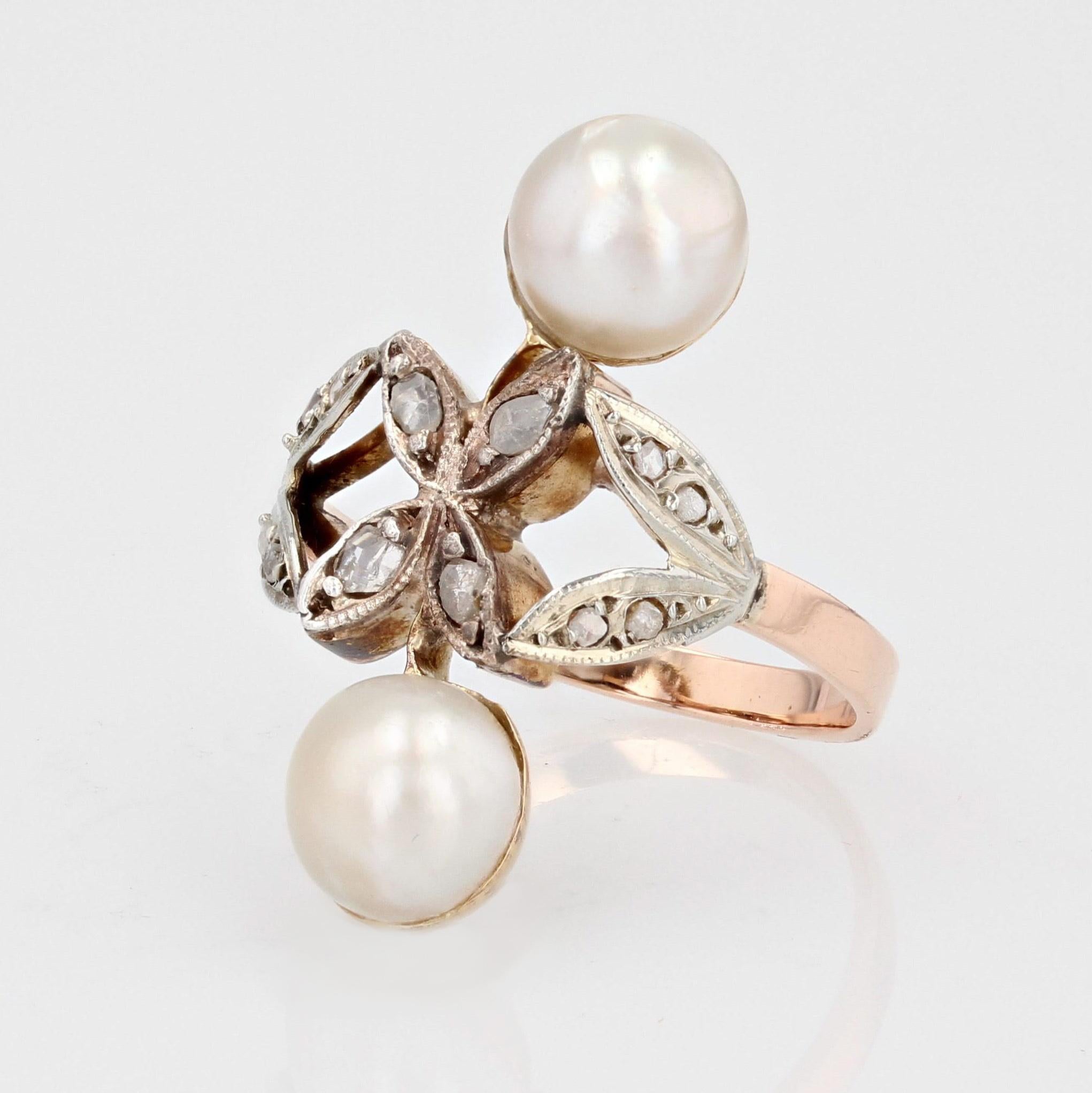 Bague 19ème siècle Duo de perles Mabé Diamants Or Rose 18 Karat en vente 3
