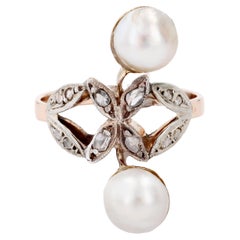 Bague 19ème siècle Duo de perles Mabé Diamants Or Rose 18 Karat