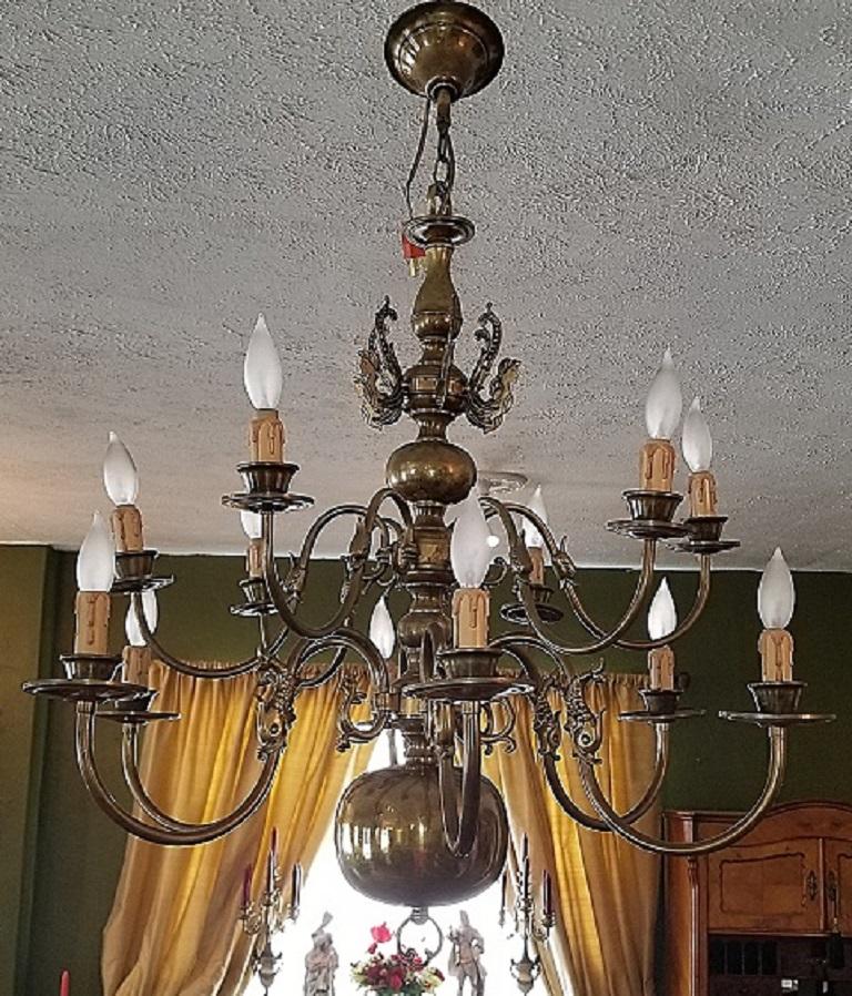 19th Century Dutch Baroque 2-Tier 12-Branch Brass Chandelier In Fair Condition In Dallas, TX