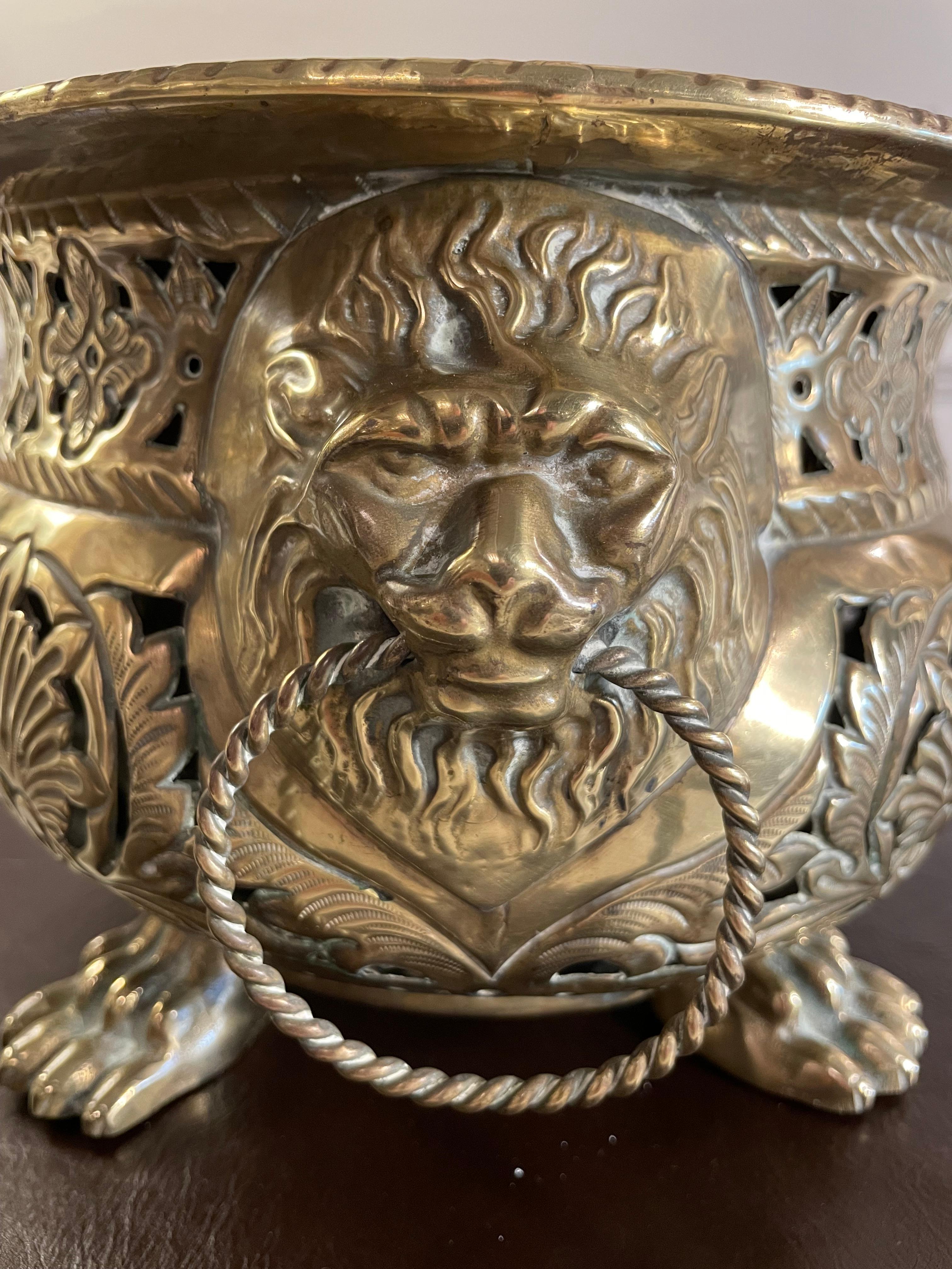 19th Century Dutch Baroque Style Brass Jardiniere with Lion Heads and Paw Feet 9