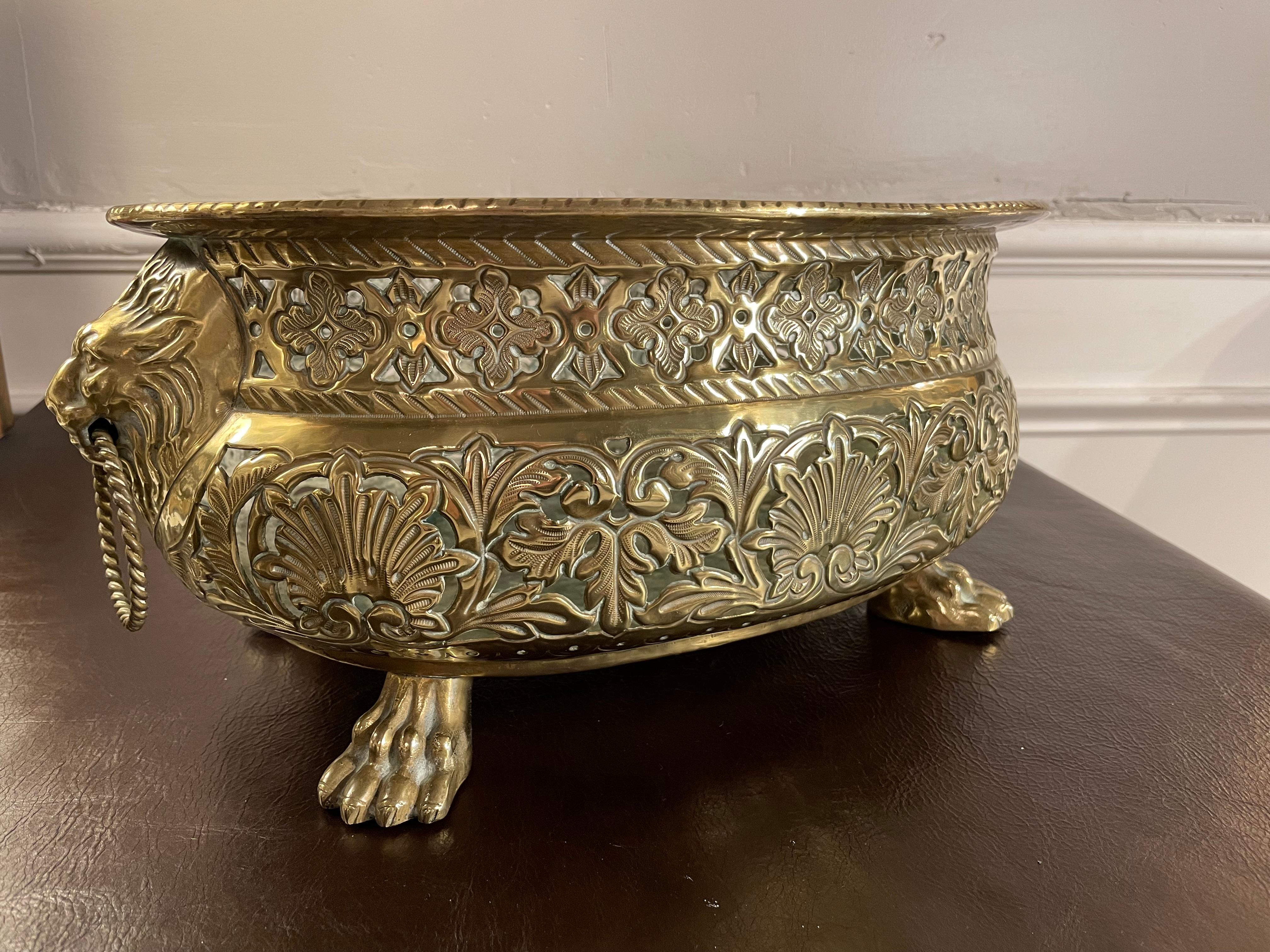 19th Century Dutch Baroque Style Brass Jardiniere with Lion Heads and Paw Feet 13