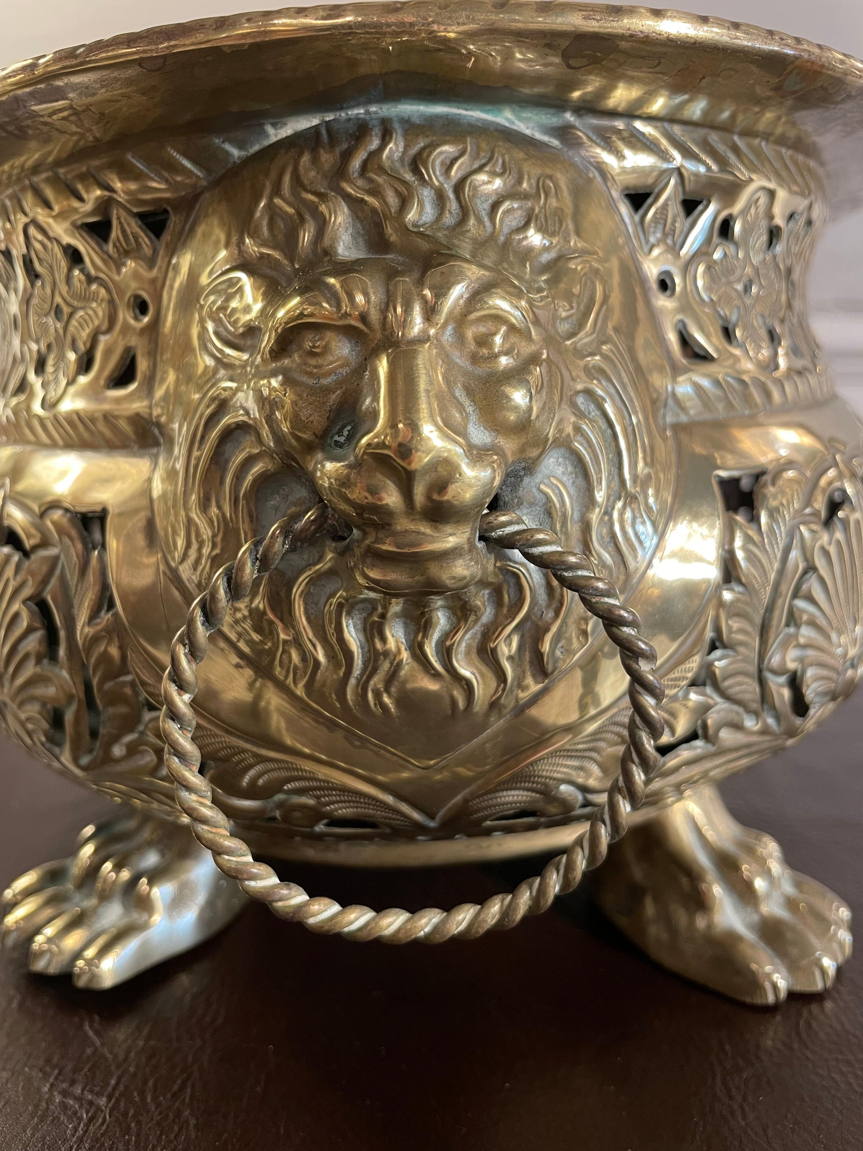 19th Century Dutch Baroque Style Brass Jardiniere with Lion Heads and Paw Feet 4