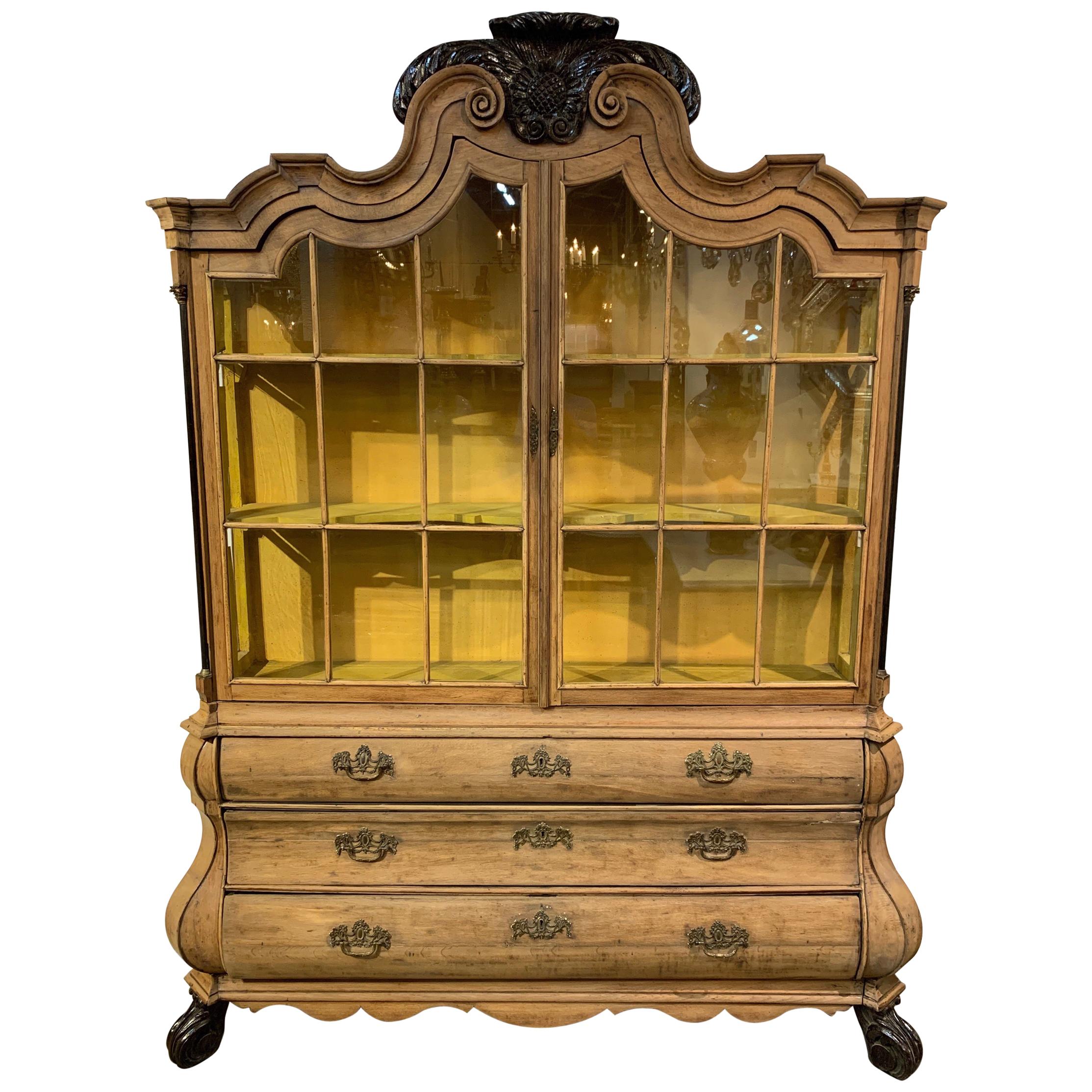 19th Century Dutch Bleached Oak and Ebonized Display Cabinet