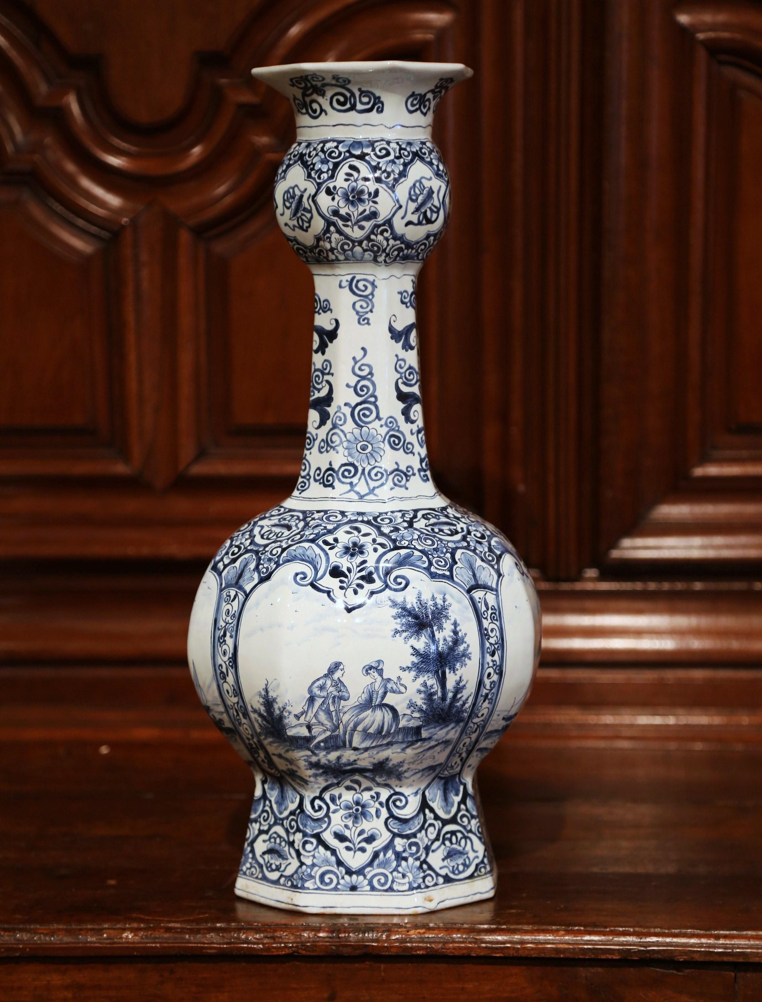Hand-Painted 19th Century Dutch Blue and White Delft Vase with Courting and Windmill Scenes