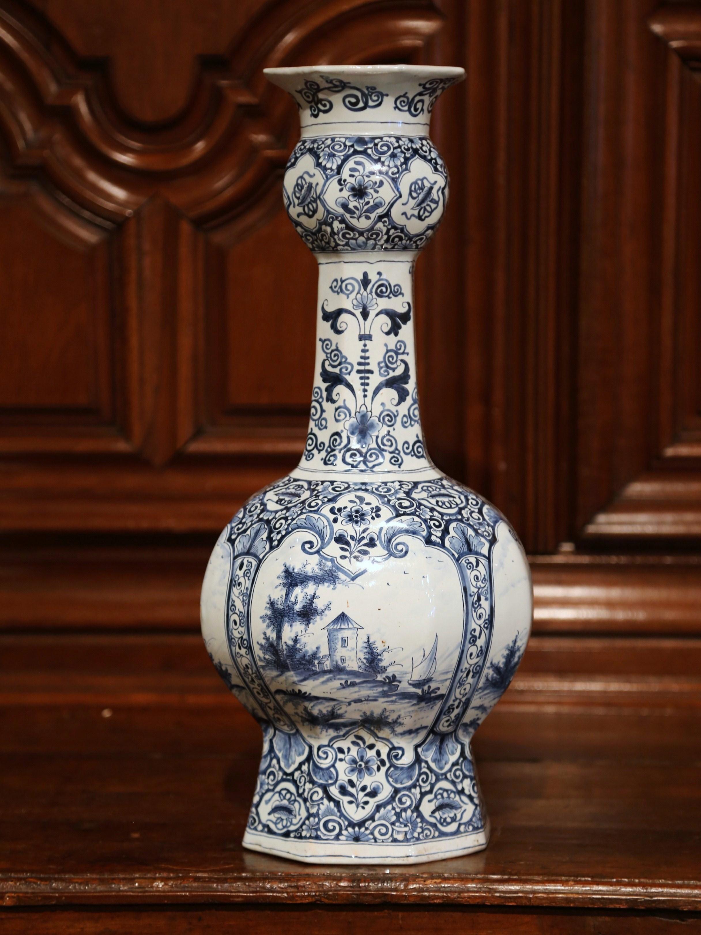 19th Century Dutch Blue and White Delft Vase with Courting and Windmill Scenes In Excellent Condition In Dallas, TX